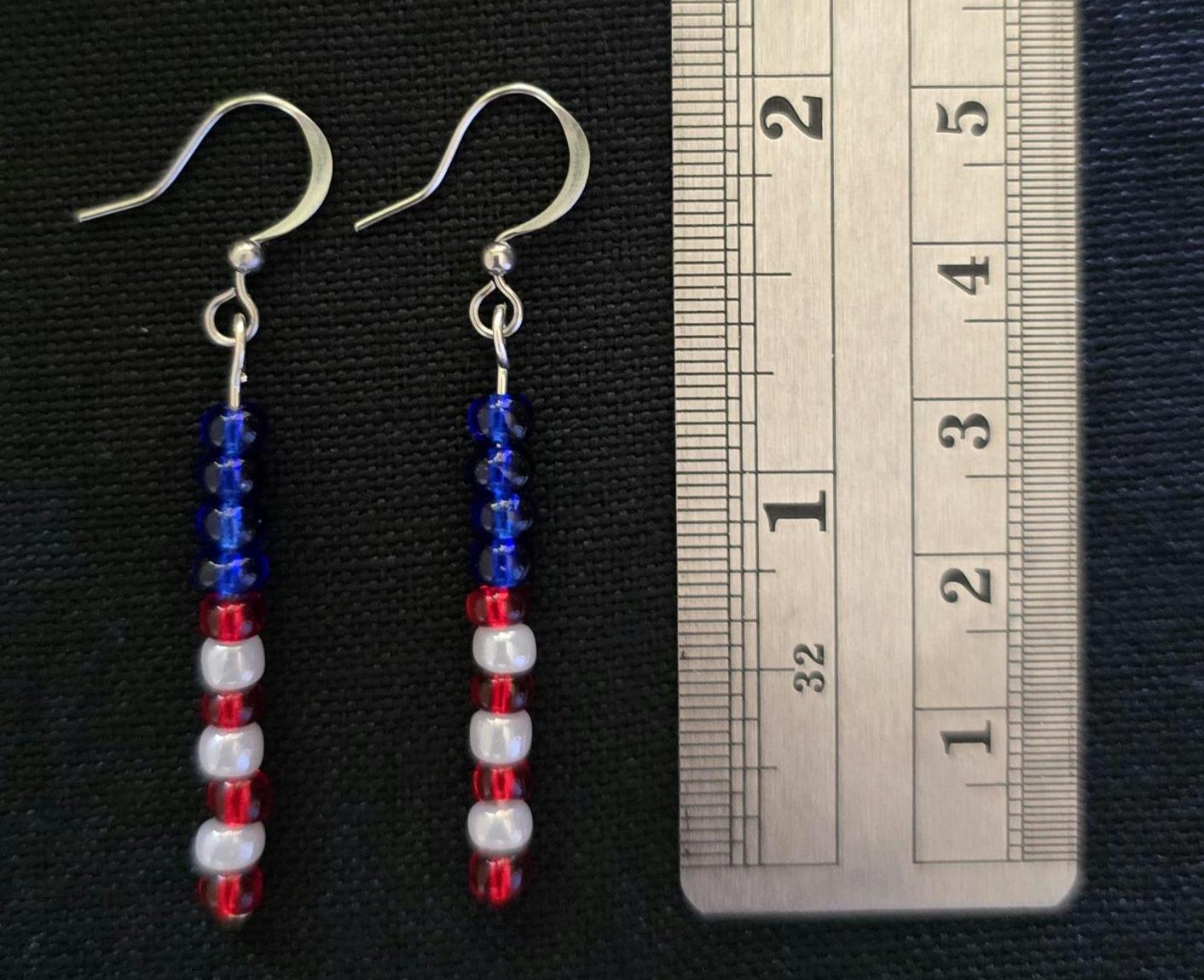 Fourth of July Patriotic Red White Blue Seed Bead Dangle Earrings, Boho Patriotic Jewelry