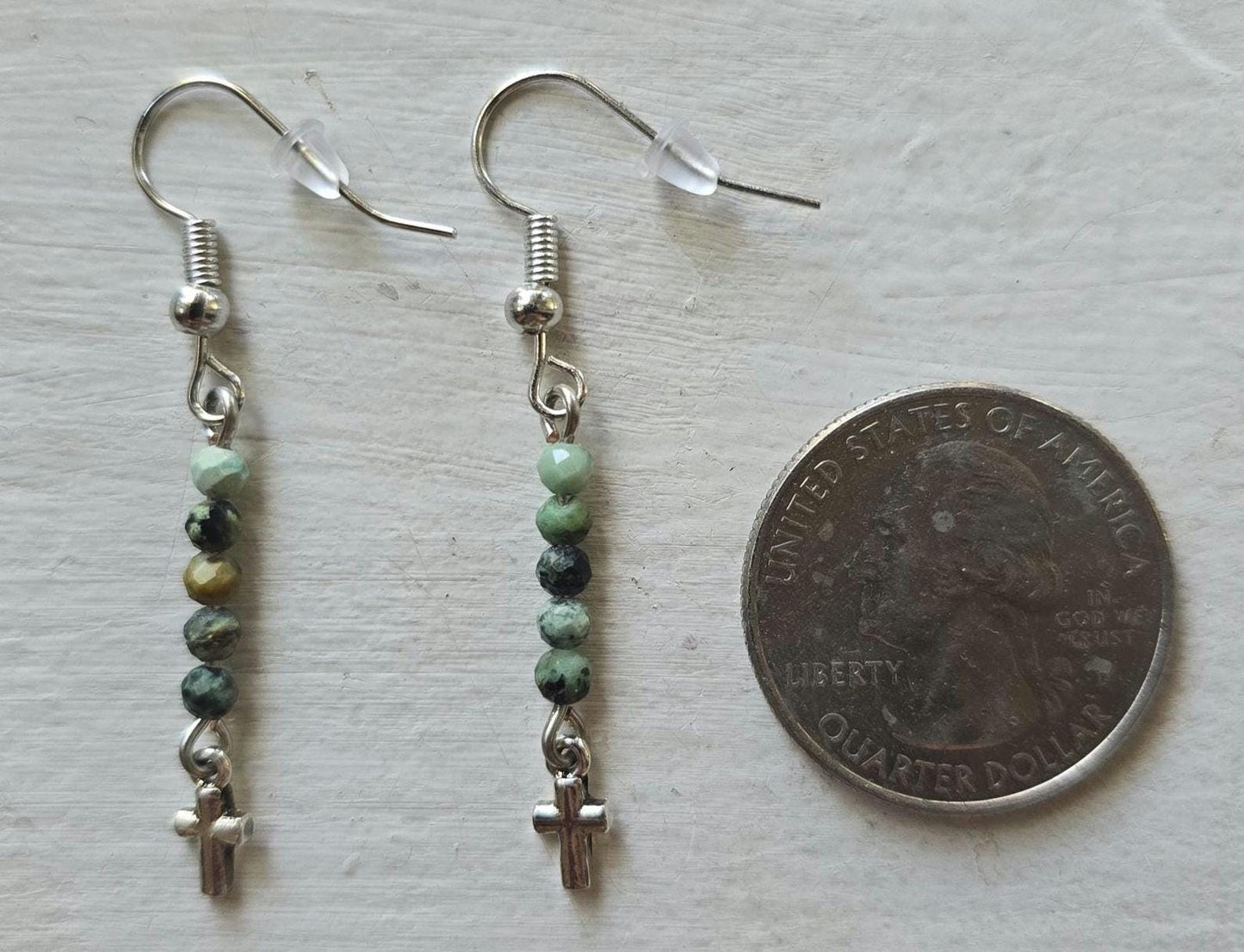 Bluegreen African Jasper Dainty Cross Dangle Earrings