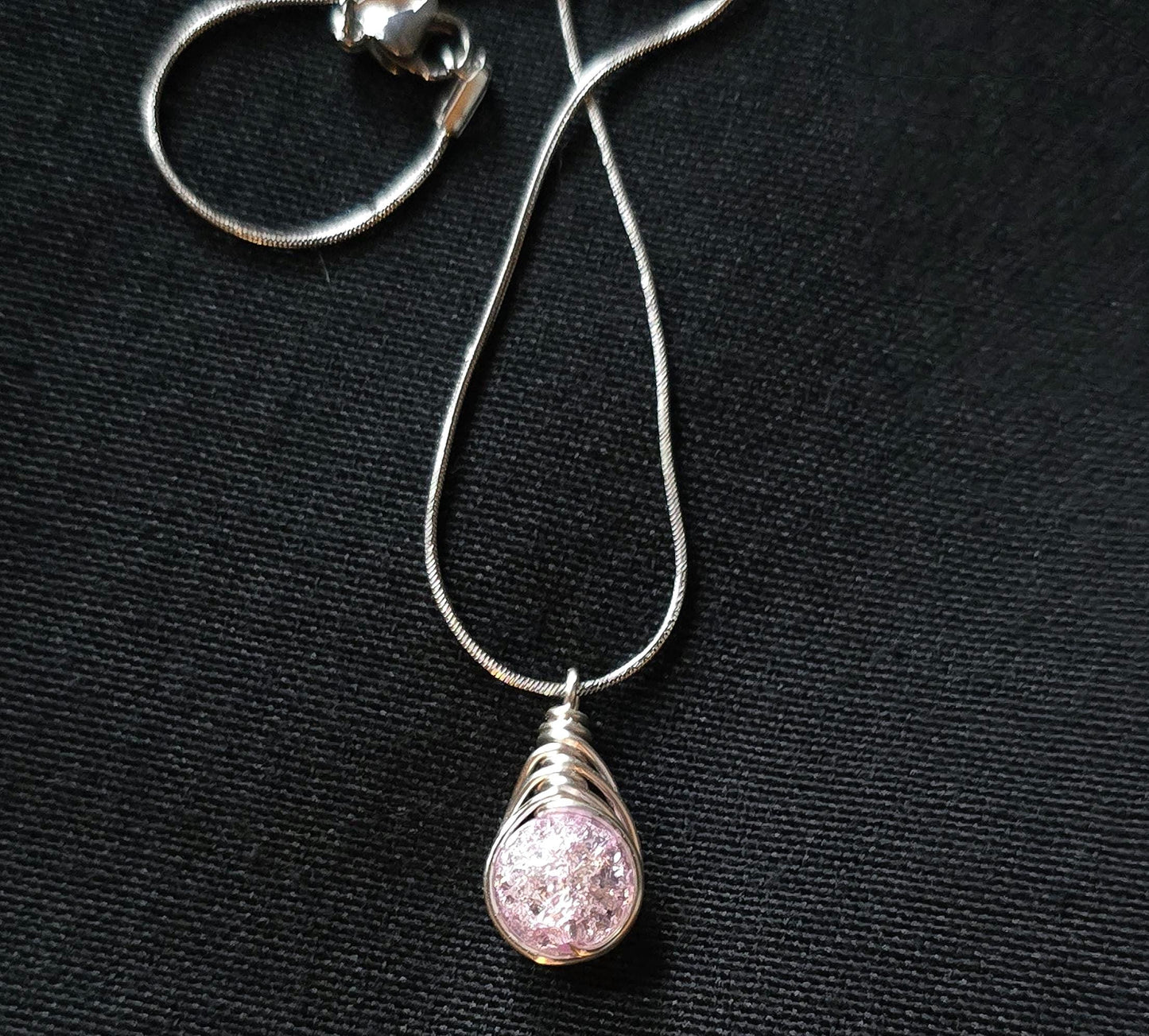 Pink Crackle Glass Pendant Necklace, Wire Wrapped Boho Jewelry, 20 Inch Chain