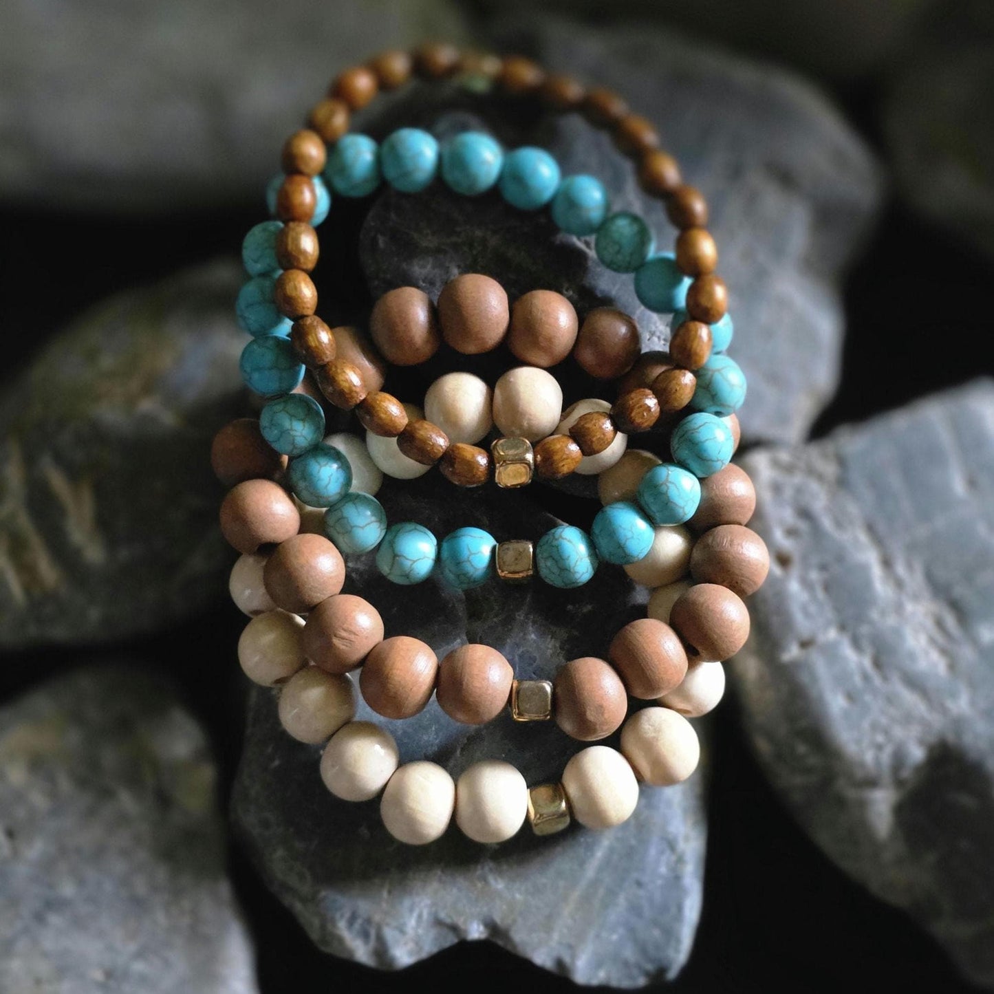 Boho Wood Turquoise Stretch Bracelet Set, Stackable Beaded Natural Jewelry