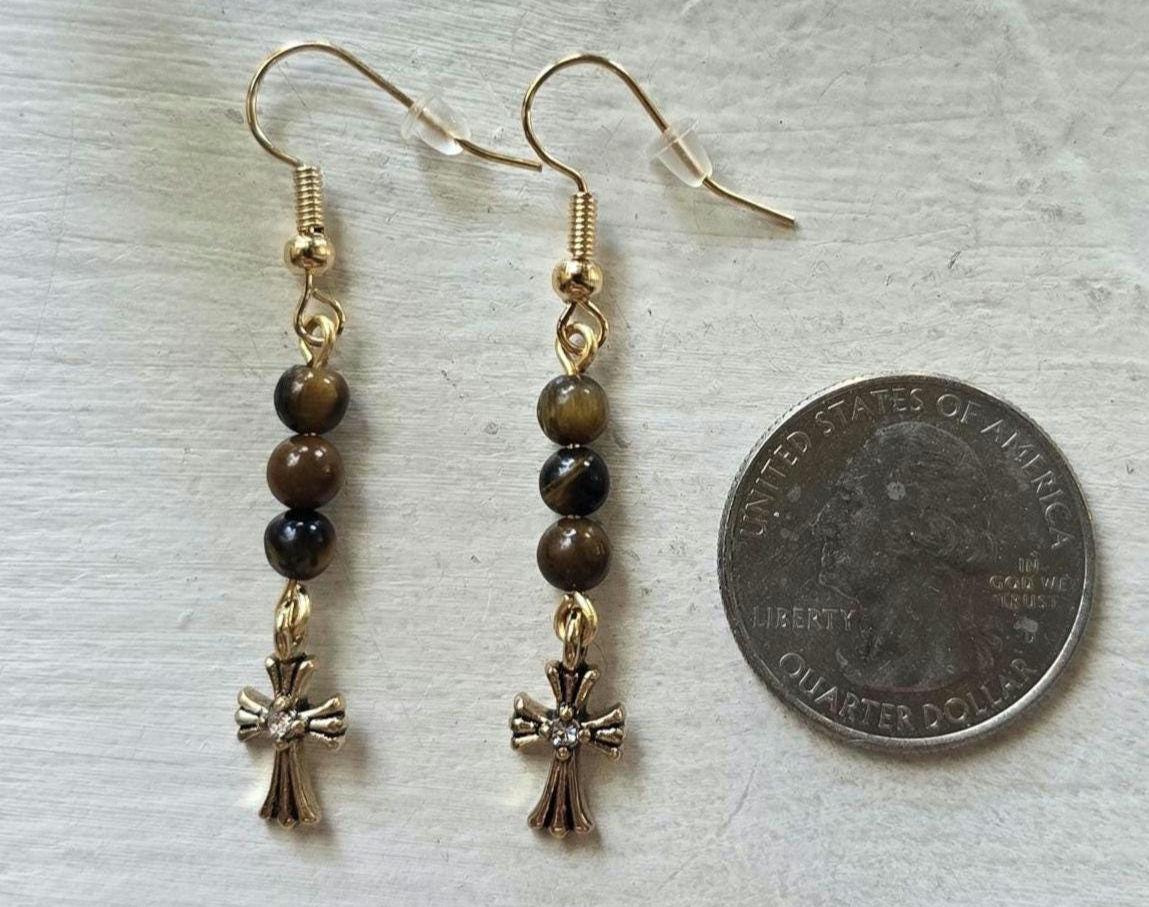 Tiger Eye Jasper Cross Dangle Earrings, Boho Copper Wire Jewelry