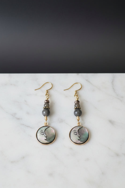 Labradorite, Abalone Shell Handmade Moon Face Earrings, Boho Celestial Jewelry