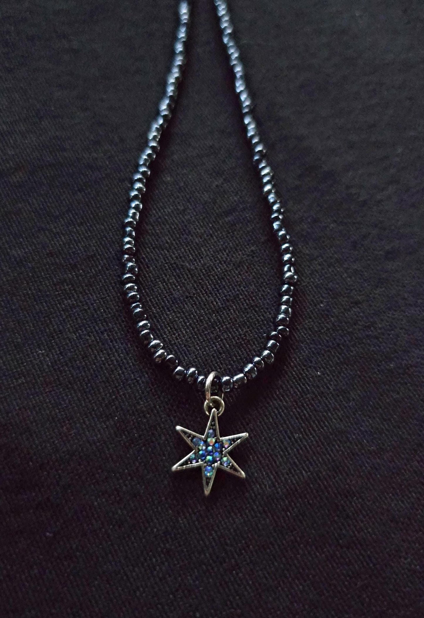 Midnight Navy Seed Bead Star Choker Necklace, Iridescent Charm, Minimalist Beaded Jewelry