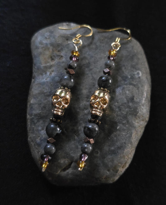 Gold Skull Dangle Earrings, Labradorite Gemstone Earrings, Gothic Halloween Jewelry, Boho Skull Earrings, Handmade Fall Gift