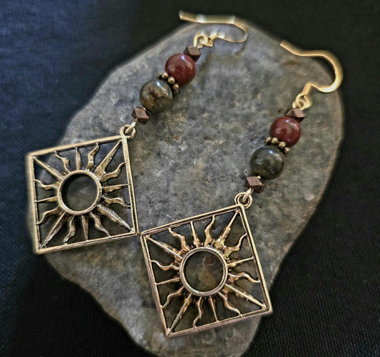 Sunburst Red Creek Jasper Beads Dangle Earrings, Rustic Boho Bohemian Handmade Earrings, Celestial Bronze Jewelry