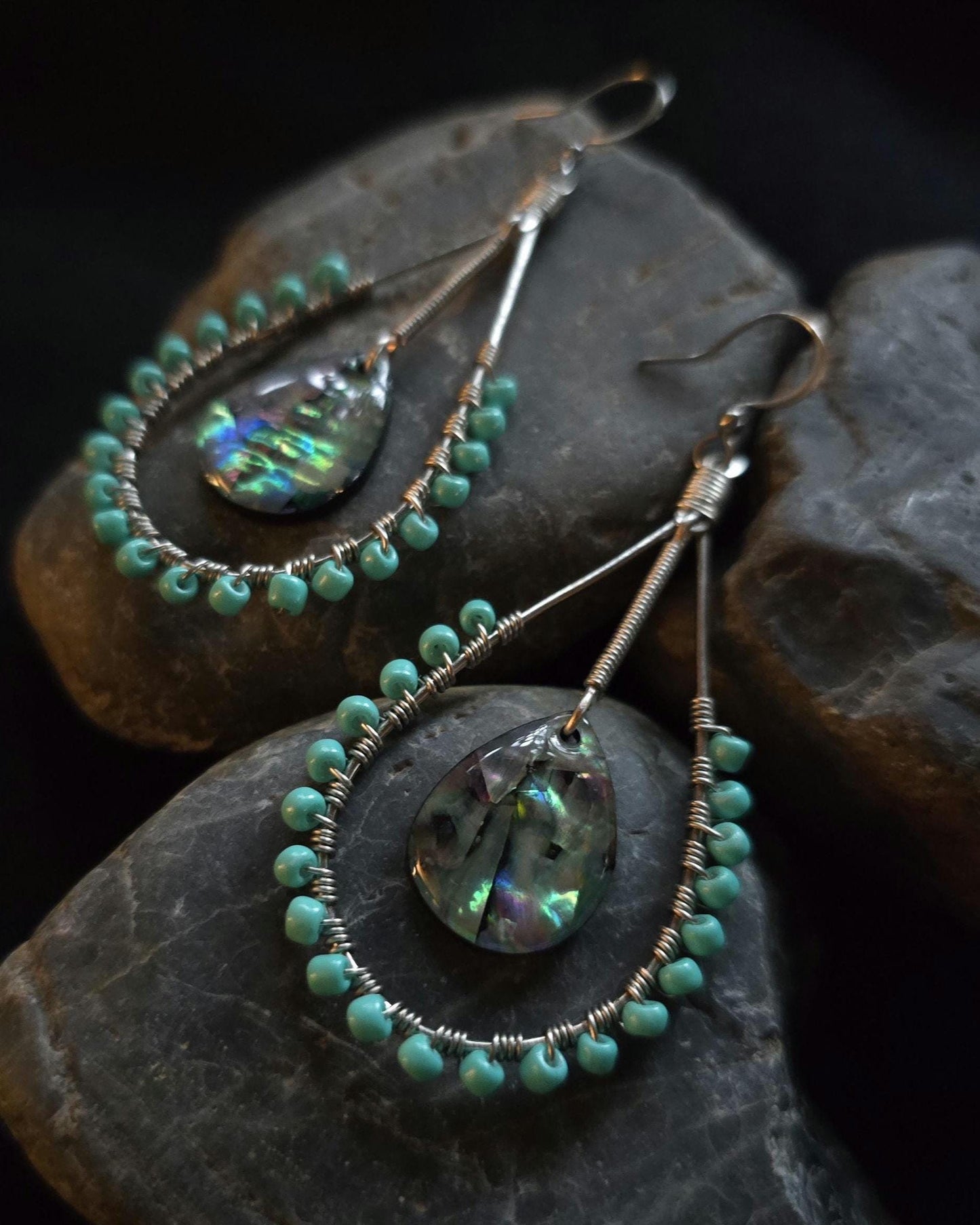 Abalone Shell Teardrop Earrings, Wire Wrapped Turquoise Beaded Earrings, Coastal Boho Dangle Jewelry