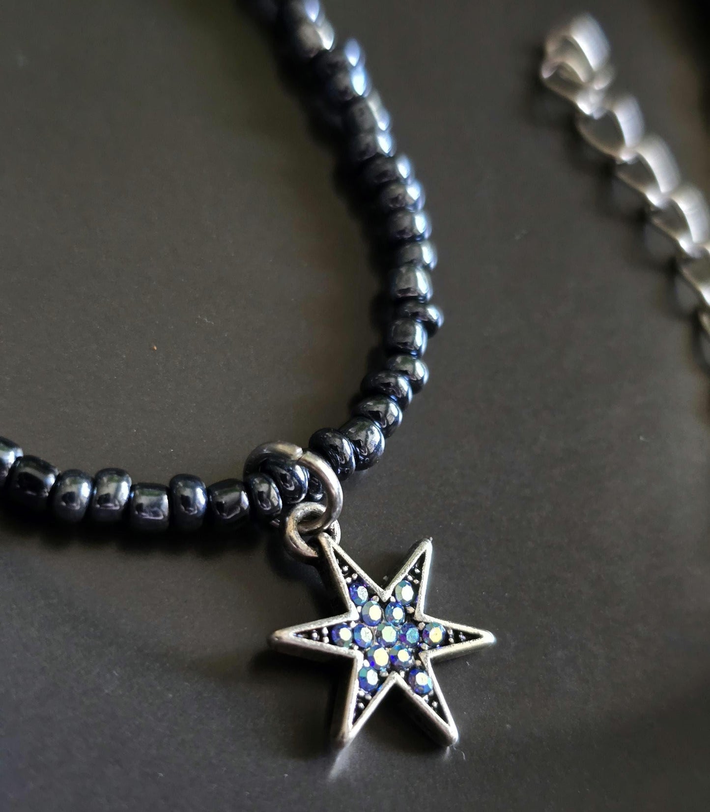 Midnight Navy Seed Bead Star Choker Necklace, Iridescent Charm, Minimalist Beaded Jewelry