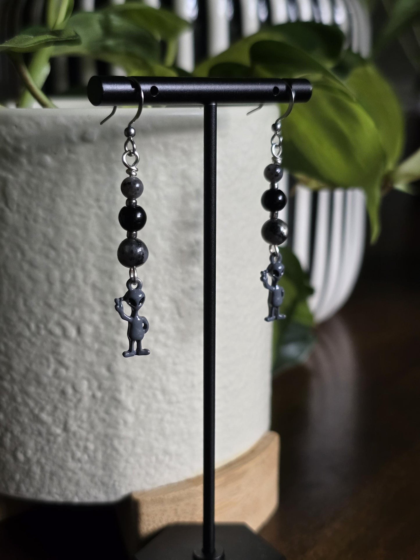 Alien Dangle Earrings, Labradorite Black Onyx, Stainless Steel Wires, Sci-Fi Jewelry