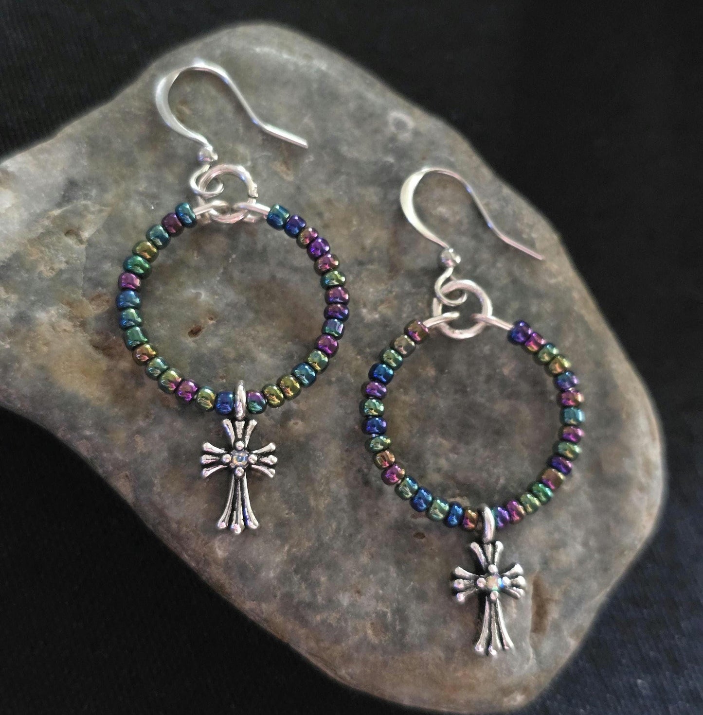 Metallic Rainbow Iridescent Glass Cross Pendant Earrings, Handmade Shimmering Statement Jewelry, Gift For Her