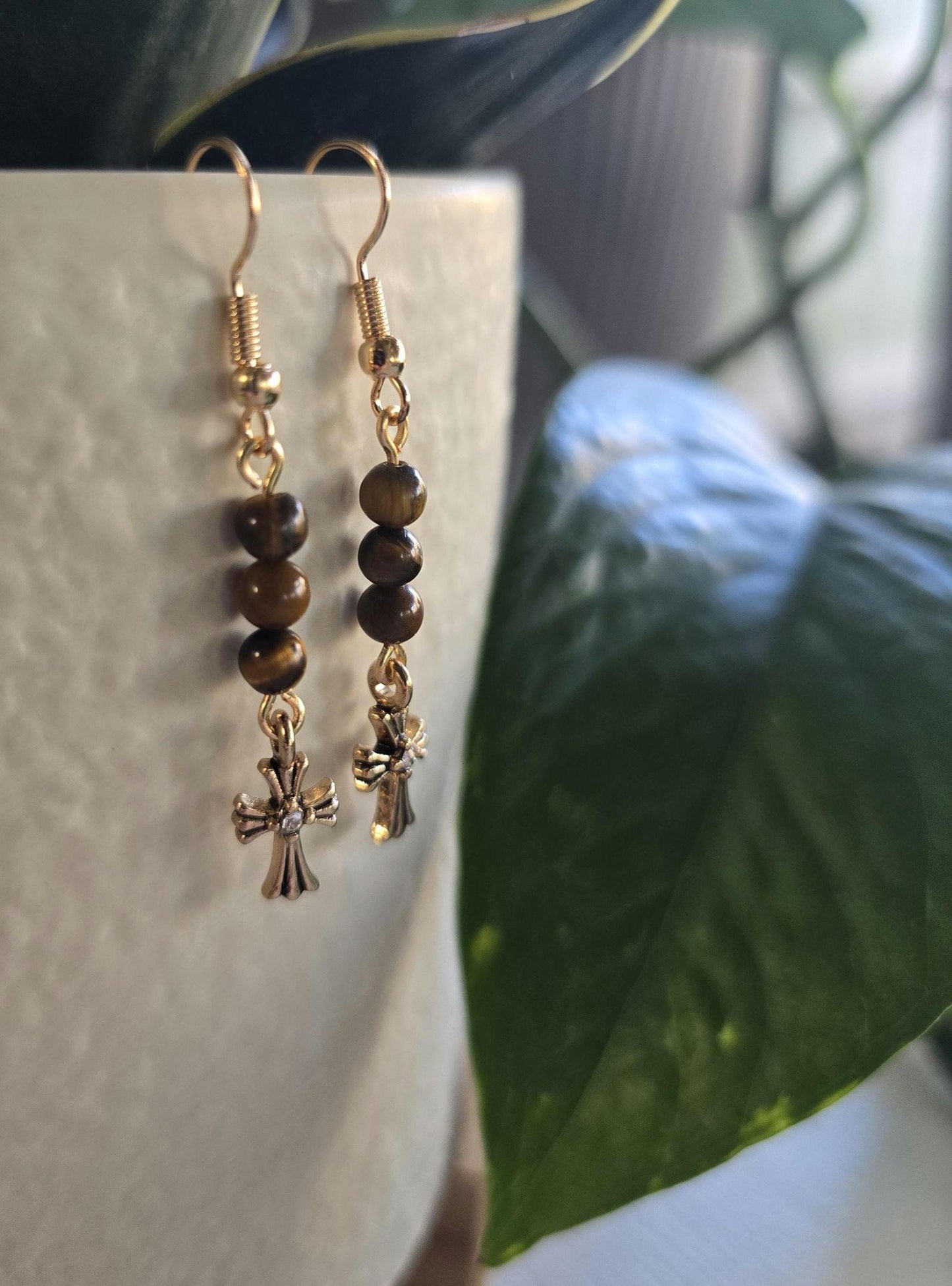 Tiger Eye Jasper Cross Dangle Earrings, Boho Copper Wire Jewelry