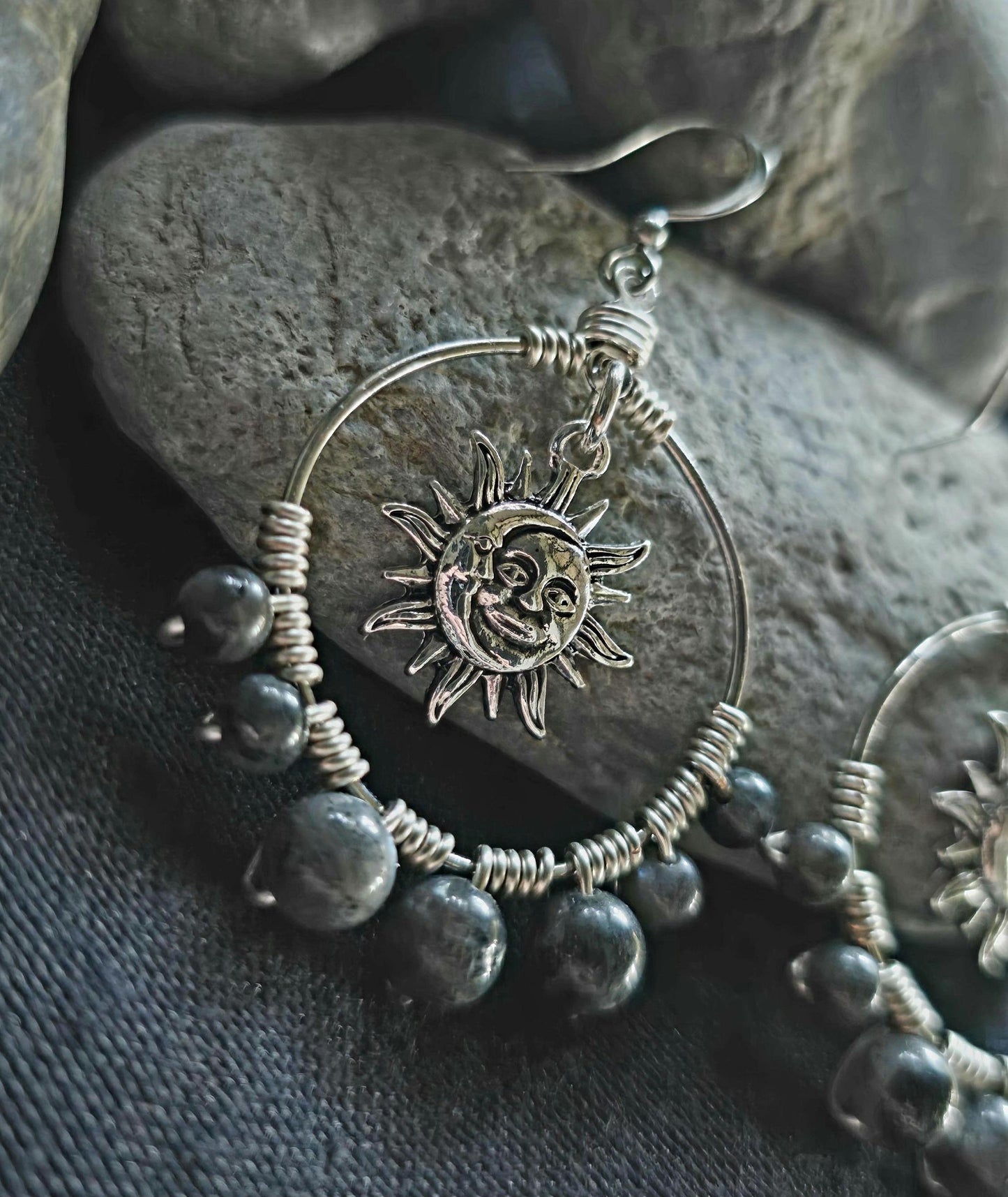Handmade Labradorite Sun Moon Hoop Earrings, Celestial Wire Wrapped Boho Jewelry