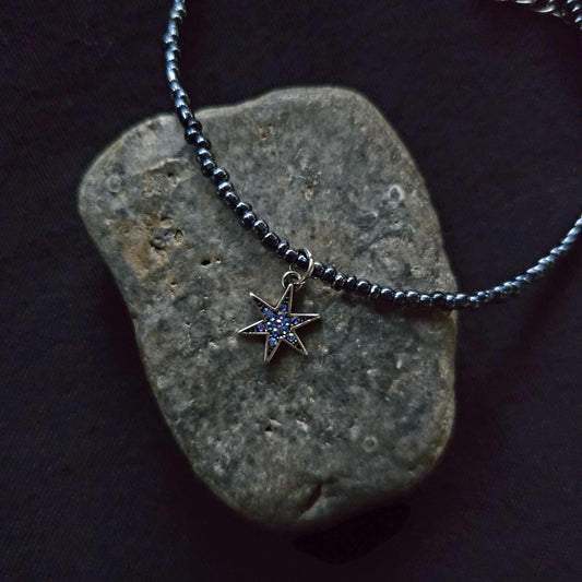 Midnight Navy Seed Bead Star Choker Necklace, Iridescent Charm, Minimalist Beaded Jewelry