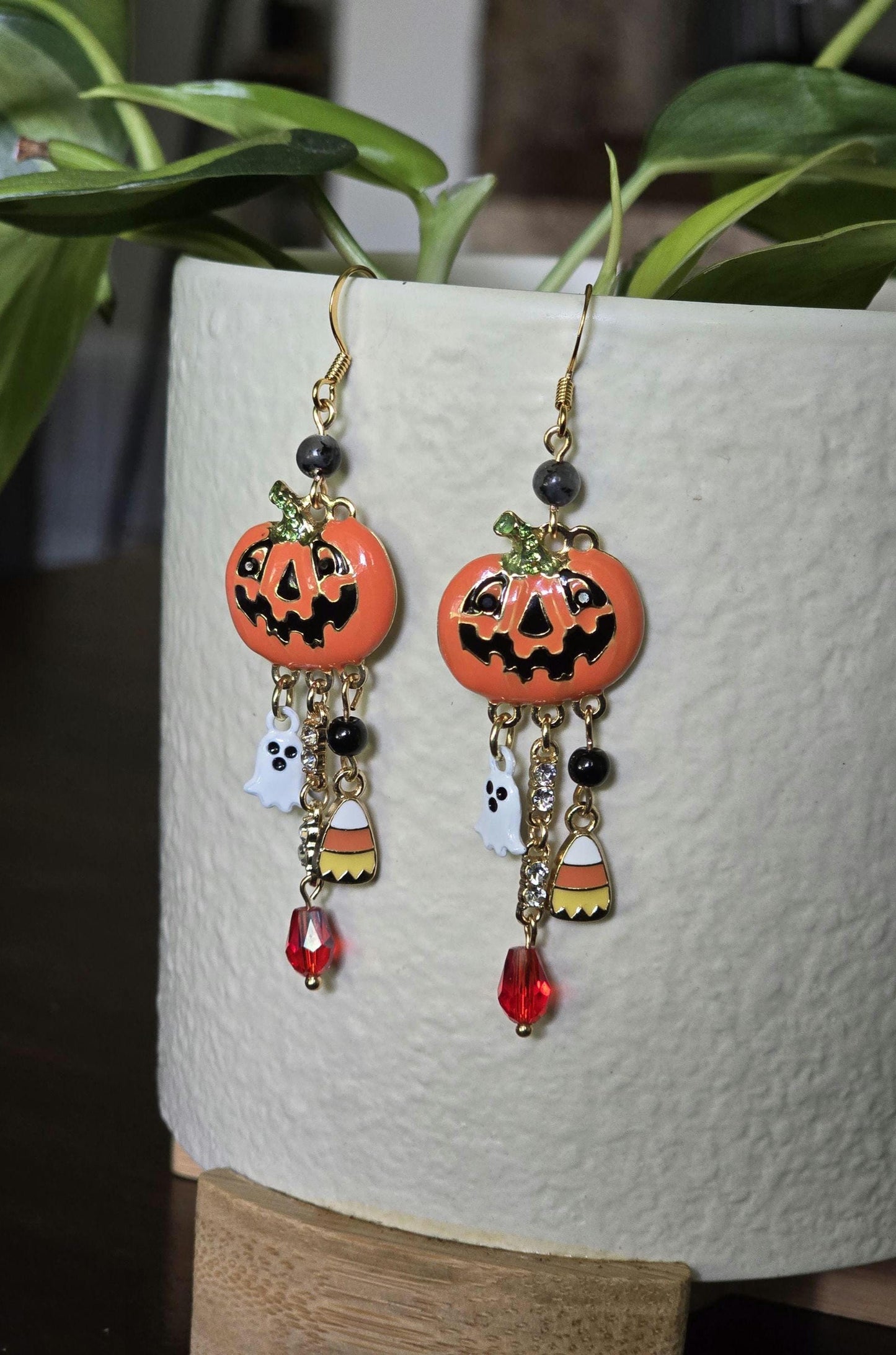 Handcrafted Halloween Pumpkin Ghost Candy Corn Dangle Earrings, Spooky Fall Jewelry