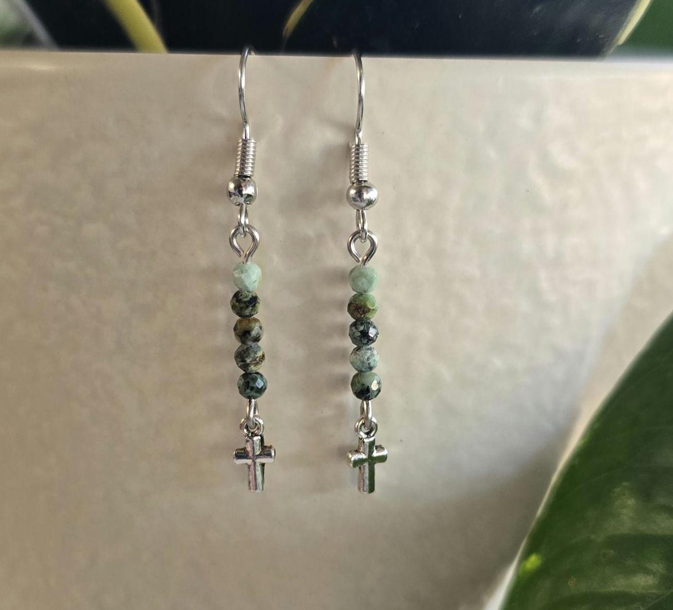 Bluegreen African Jasper Dainty Cross Dangle Earrings