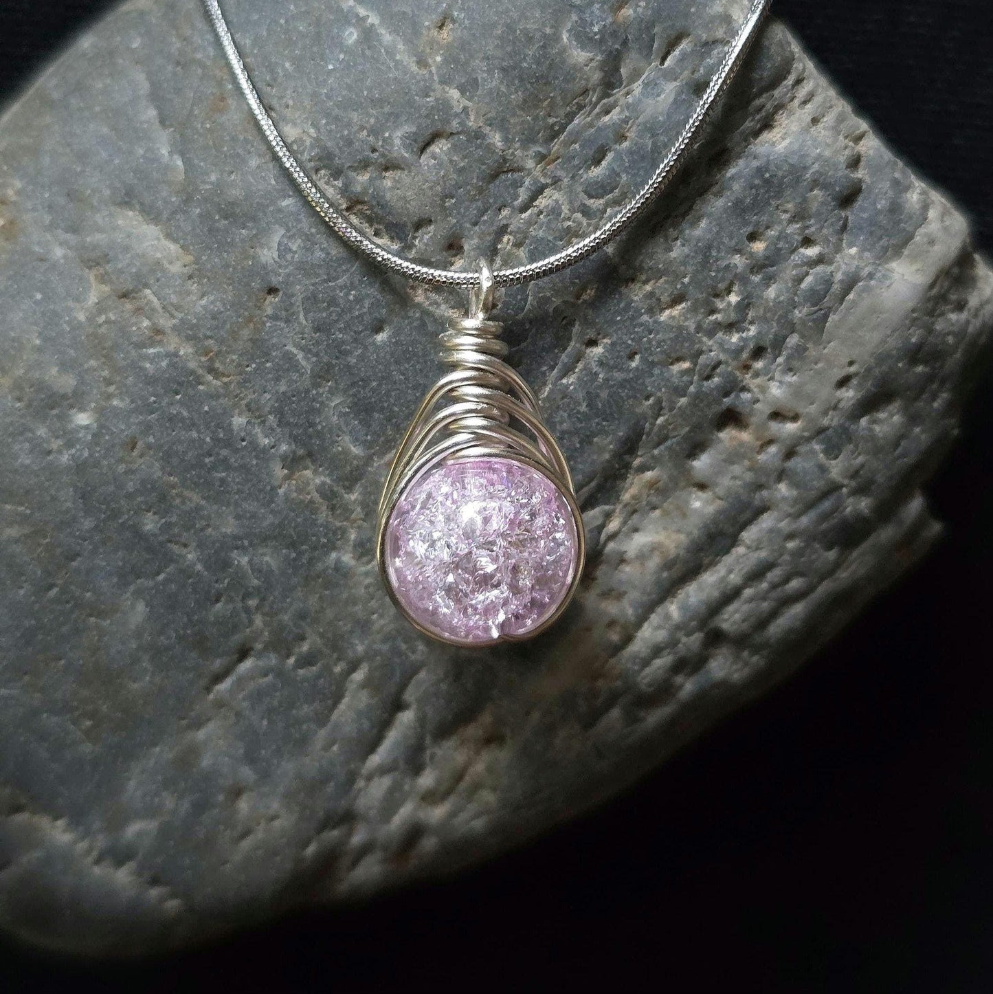 Pink Crackle Glass Pendant Necklace, Wire Wrapped Boho Jewelry, 20 Inch Chain