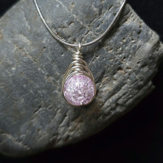 Pink Crackle Glass Pendant Necklace, Wire Wrapped Boho Jewelry, 20 Inch Chain