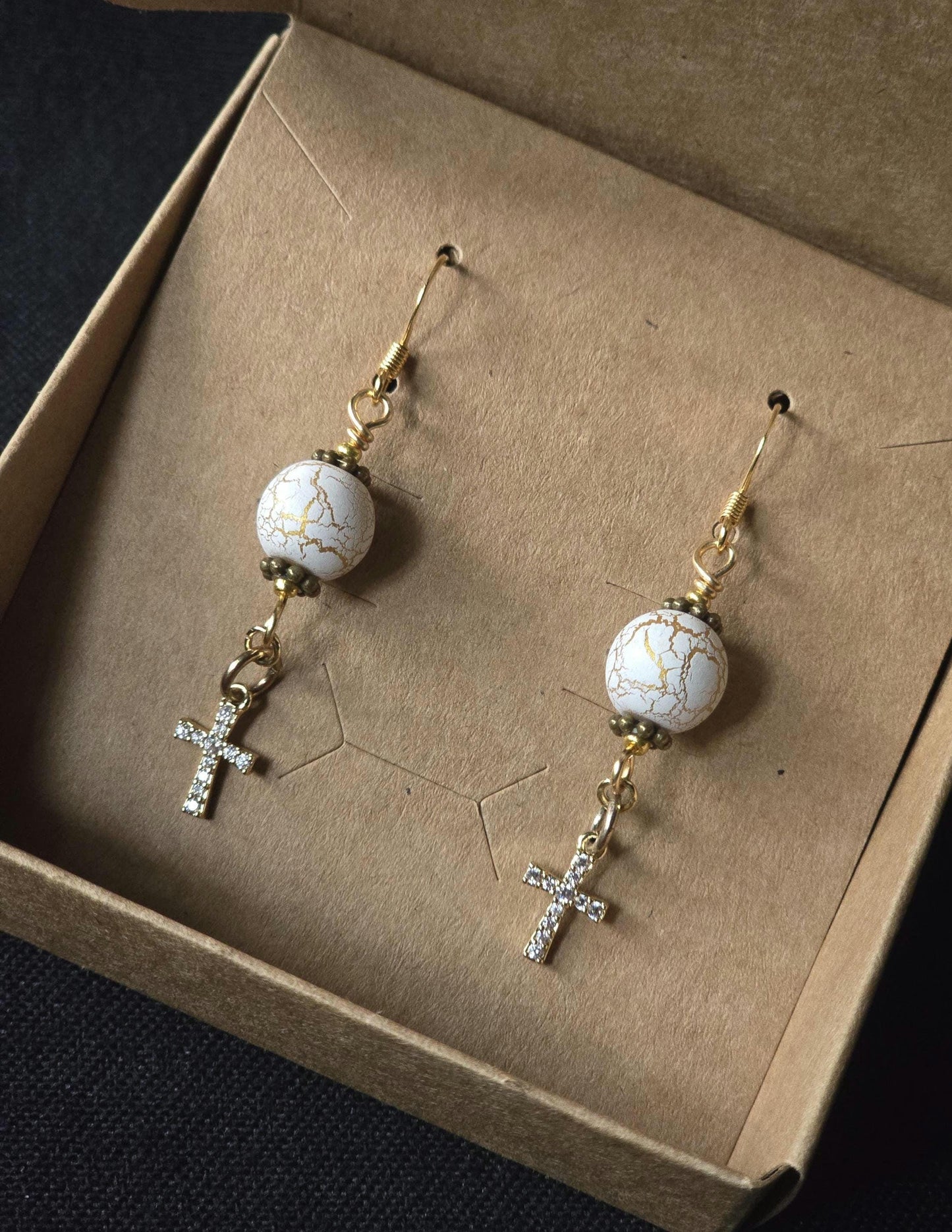 Gold Cross Dangle Earrings, White Cracked Stone Beads, Boho Jewelry