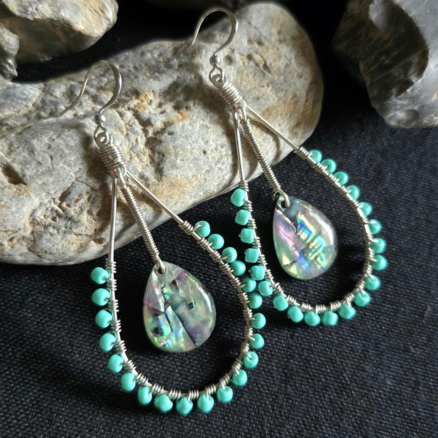 Abalone Shell Teardrop Earrings, Wire Wrapped Turquoise Beaded Earrings, Coastal Boho Dangle Jewelry