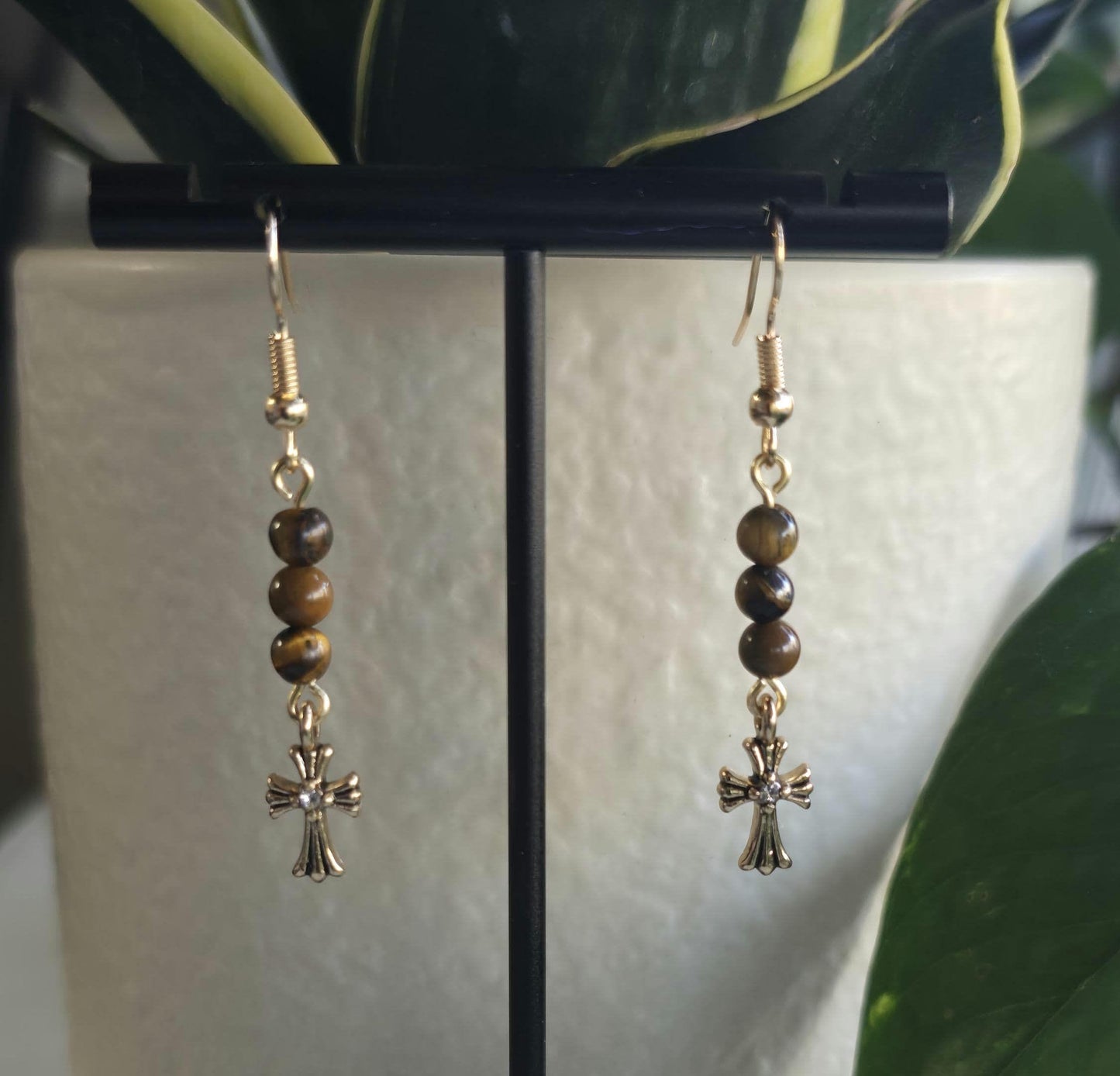 Tiger Eye Jasper Cross Dangle Earrings, Boho Copper Wire Jewelry