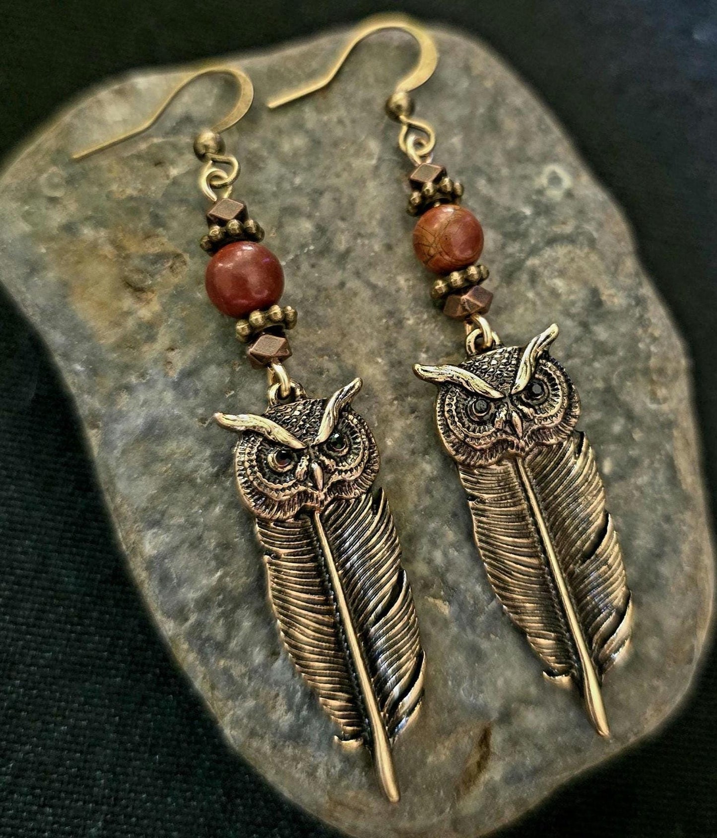 Bronze Owl Feather Earrings, Red Creek Jasper Beads, Rustic Boho Woodland Jewelry