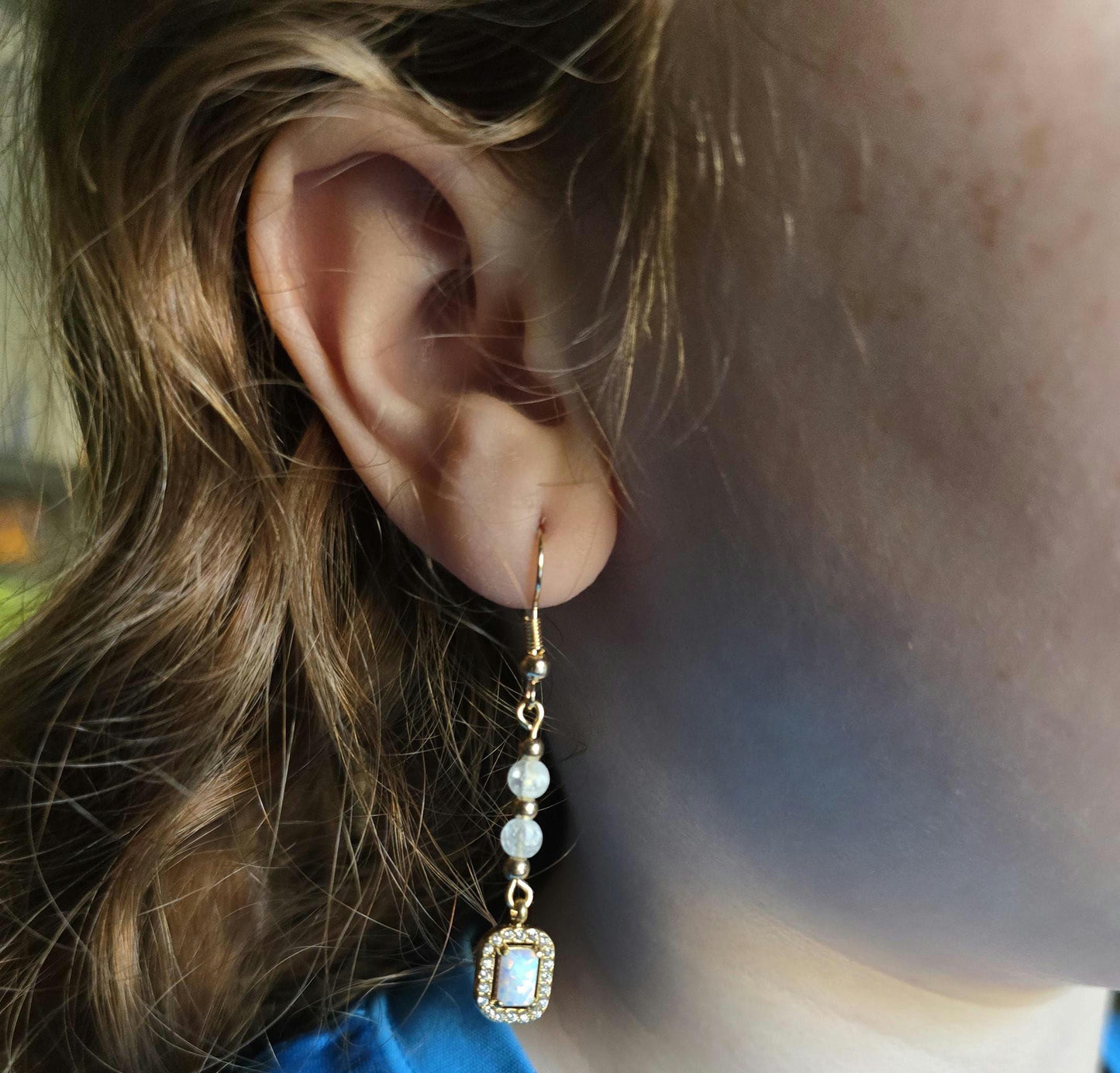 Gold and Glass Crackle Beaded Synthetic Opal Pendant Handmade Dangle Earrings