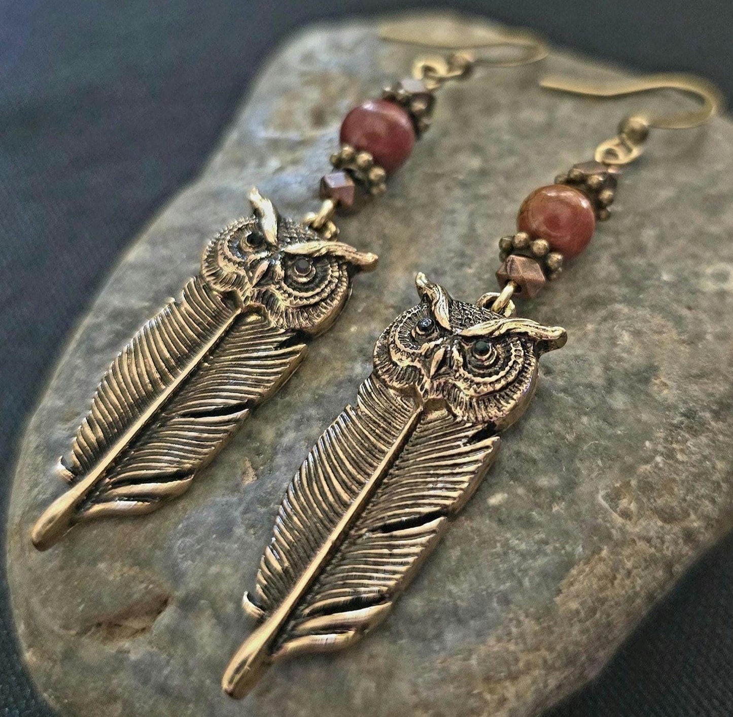 Bronze Owl Feather Earrings, Red Creek Jasper Beads, Rustic Boho Woodland Jewelry