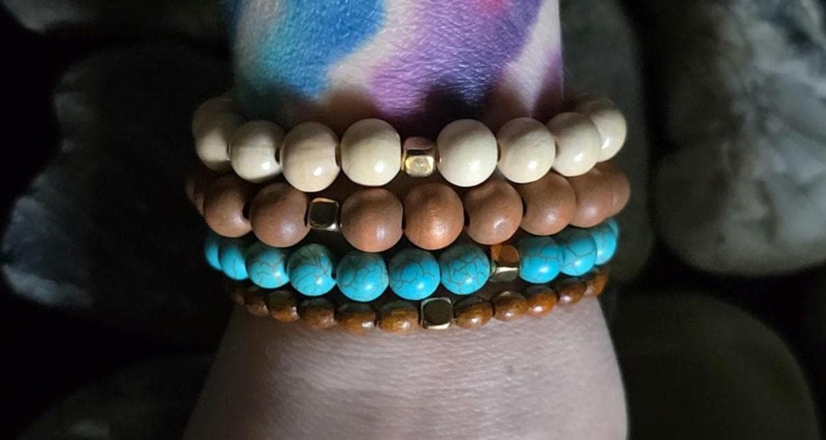 Boho Wood Turquoise Stretch Bracelet Set, Stackable Beaded Natural Jewelry