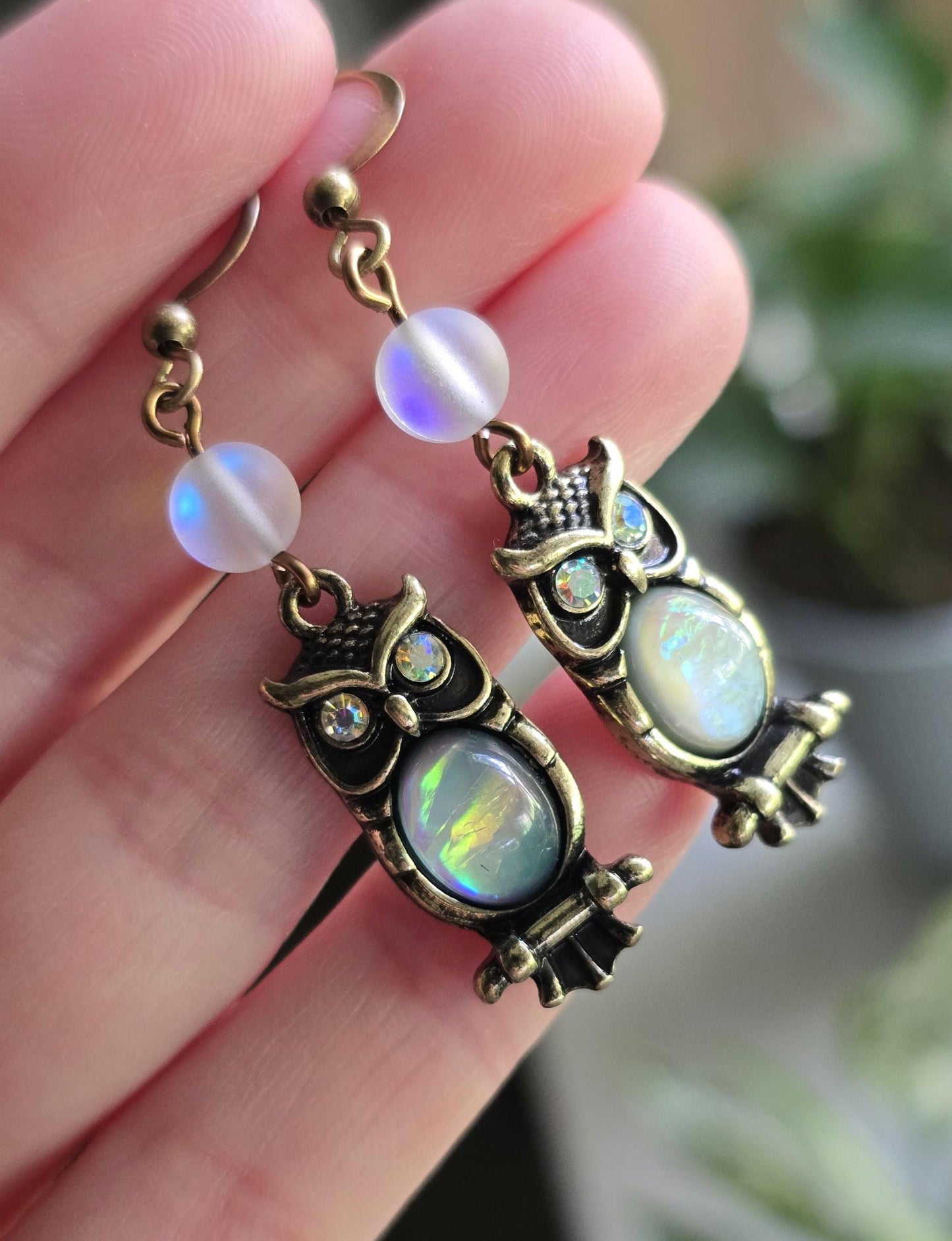 Antique Brass Owl Earrings, Opalite Moonstone Dangle, Celestial Boho Jewelry