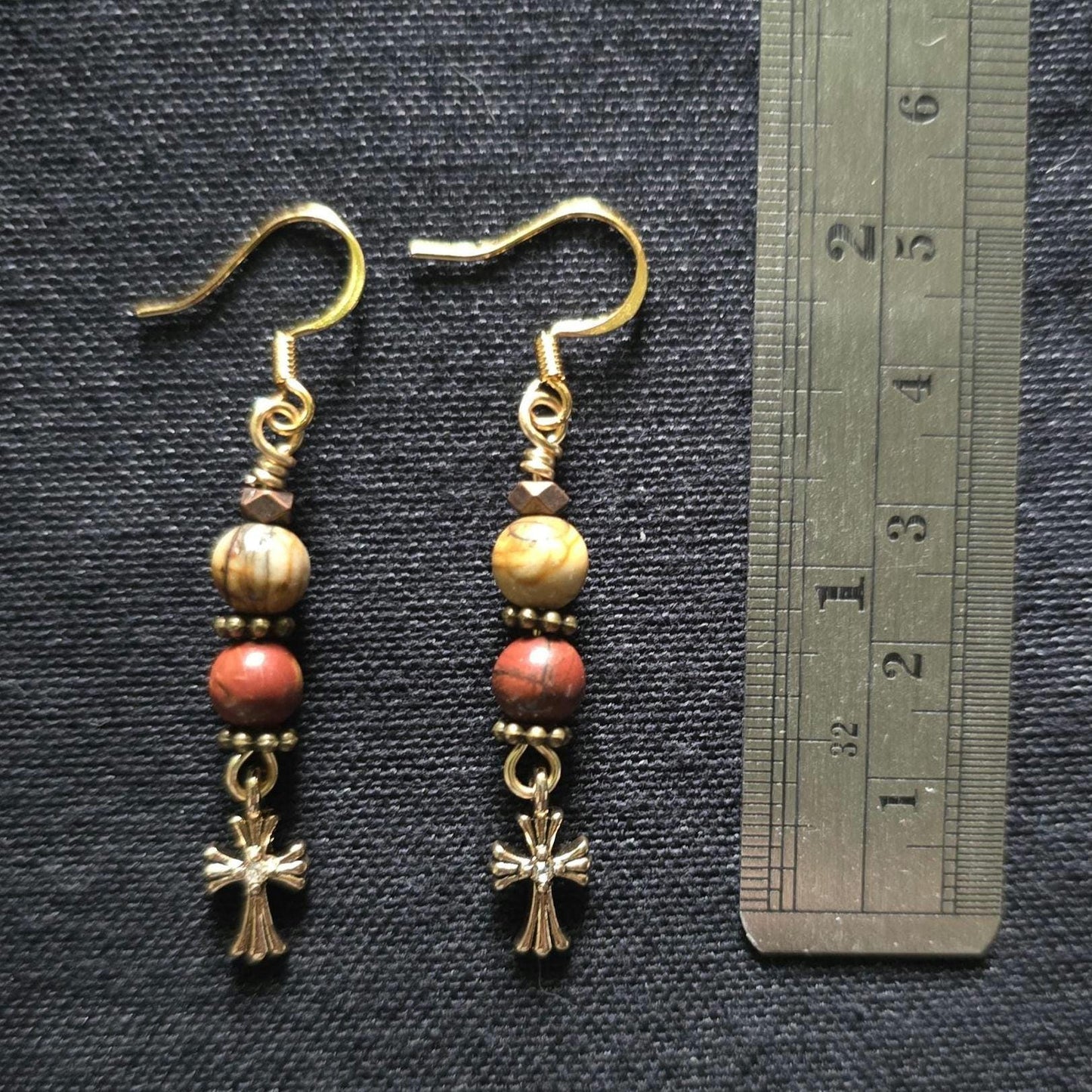 Red Jasper Picture Jasper Cross Dangle Earrings, Boho Gold Tone Gemstone Jewelry
