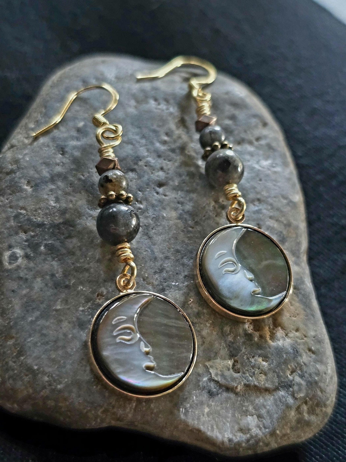 Labradorite, Abalone Shell Handmade Moon Face Earrings, Boho Celestial Jewelry