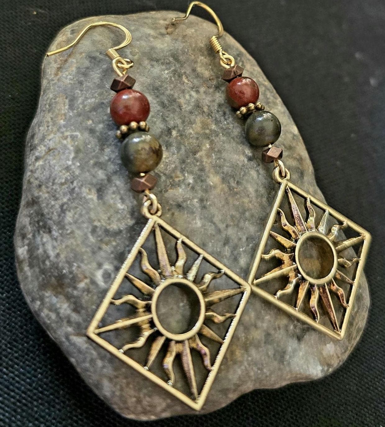 Sunburst Red Creek Jasper Beads Dangle Earrings, Rustic Boho Bohemian Handmade Earrings, Celestial Bronze Jewelry