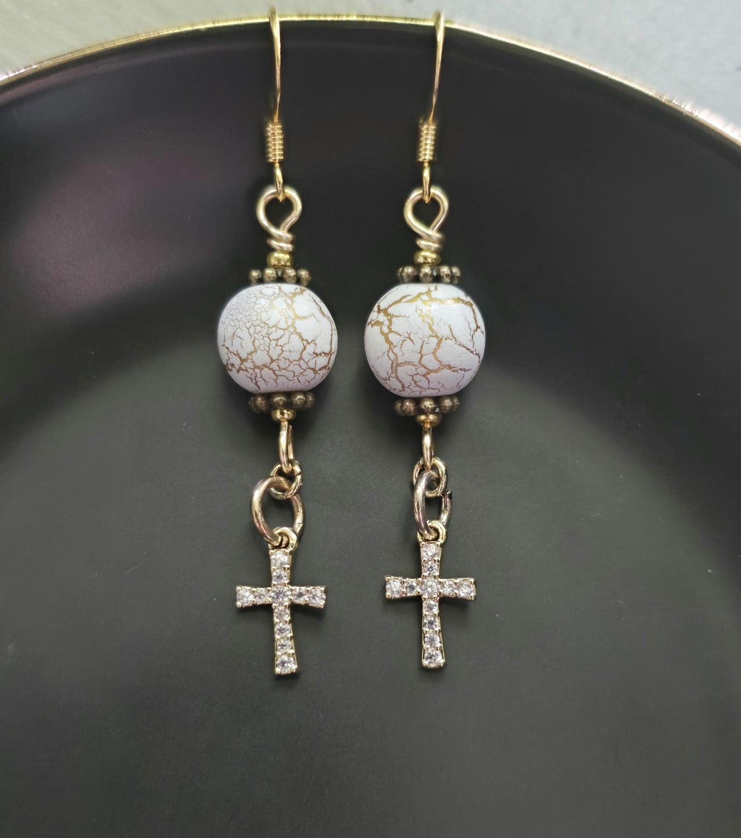 Gold Cross Dangle Earrings, White Cracked Stone Beads, Boho Jewelry