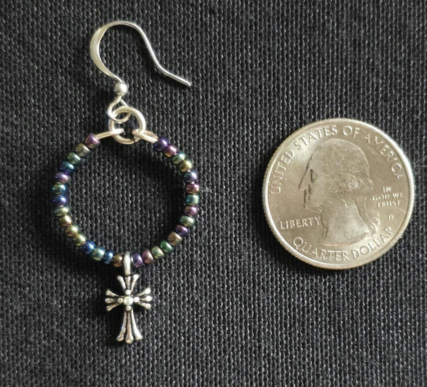 Metallic Rainbow Iridescent Glass Cross Pendant Earrings, Handmade Shimmering Statement Jewelry, Gift For Her