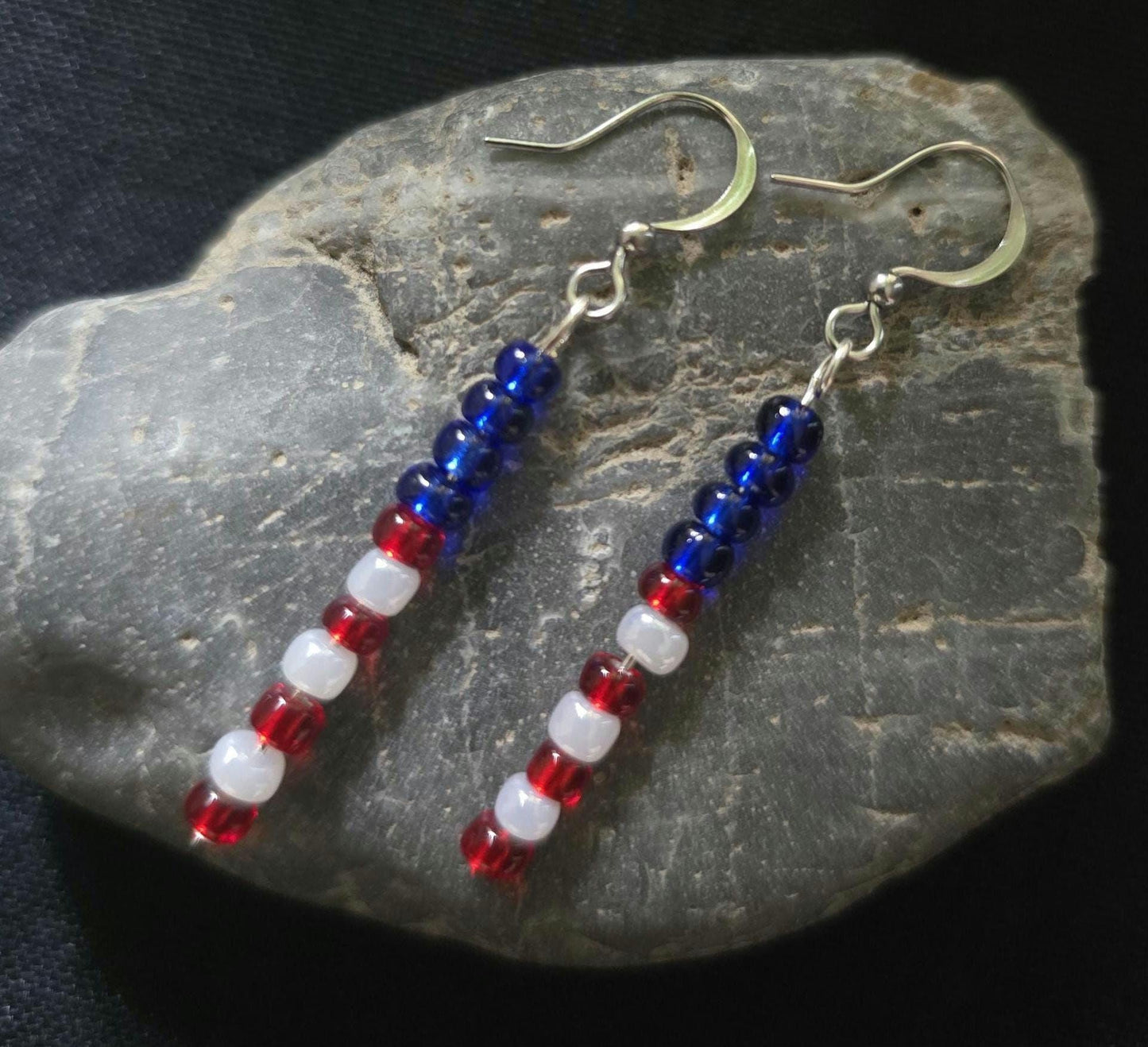 Fourth of July Patriotic Red White Blue Seed Bead Dangle Earrings, Boho Patriotic Jewelry