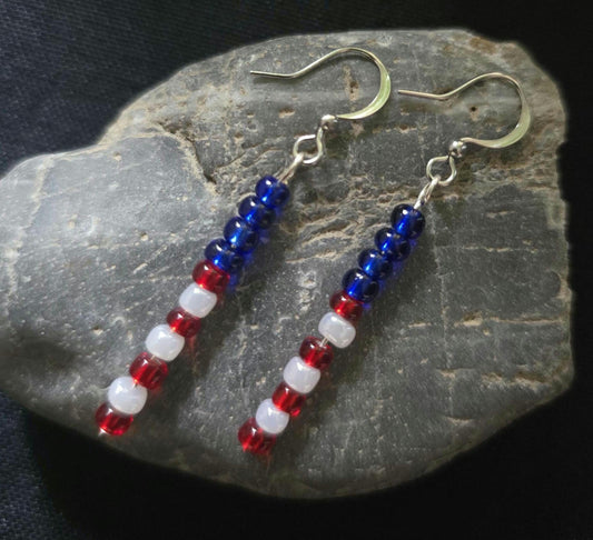 Fourth of July Patriotic Red White Blue Seed Bead Dangle Earrings, Boho Patriotic Jewelry