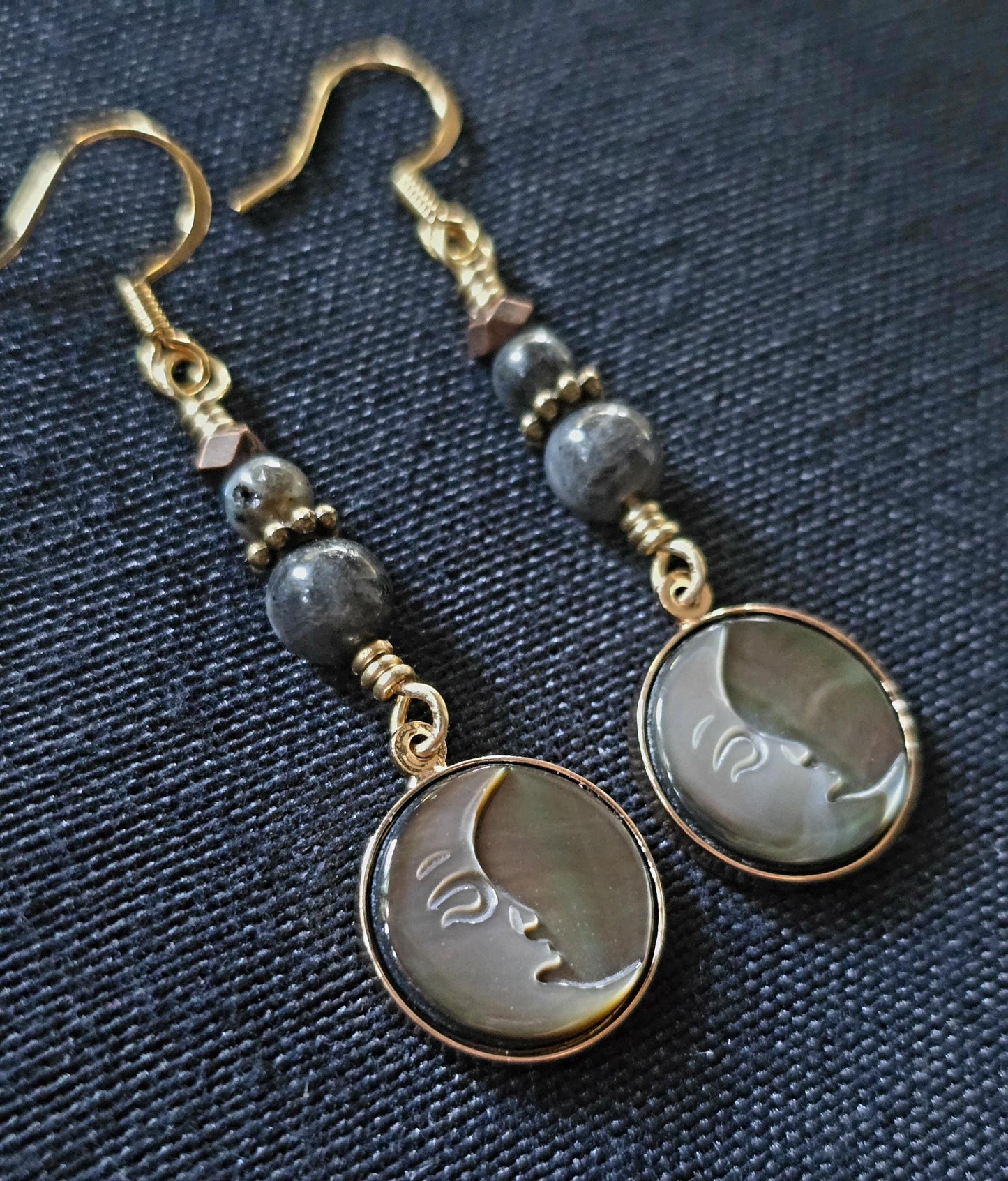 Labradorite, Abalone Shell Handmade Moon Face Earrings, Boho Celestial Jewelry