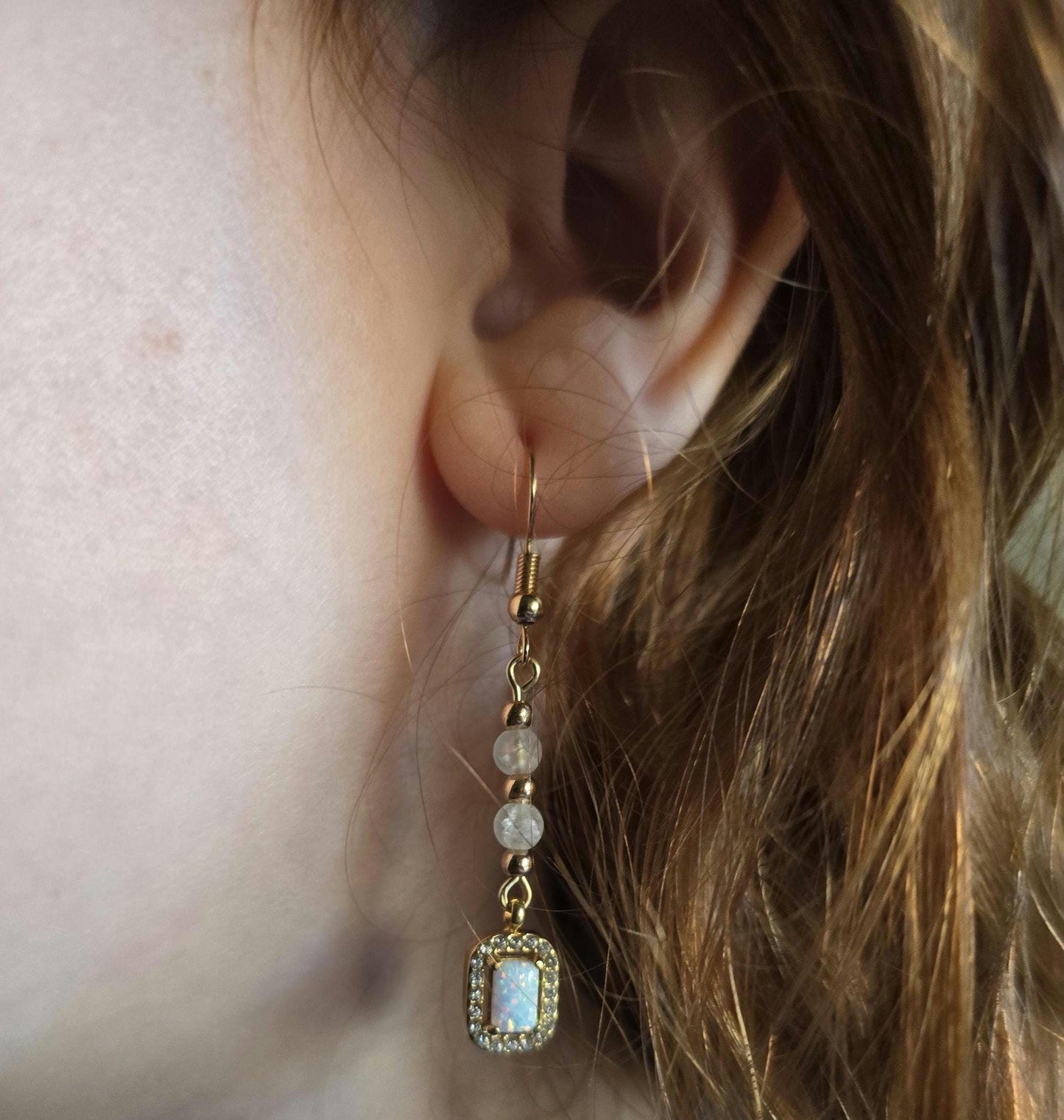 Gold and Glass Crackle Beaded Synthetic Opal Pendant Handmade Dangle Earrings