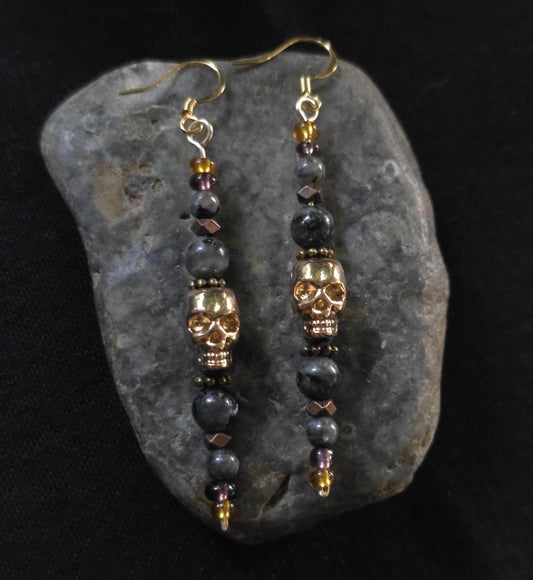 Gold Skull Dangle Earrings, Labradorite Gemstone Earrings, Gothic Halloween Jewelry, Boho Skull Earrings, Handmade Fall Gift