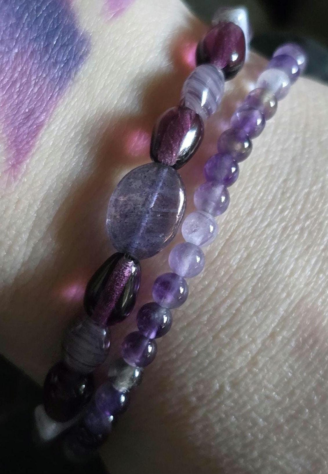 Amethyst Gemstone Beaded Bracelet Set, Purple Boho Layering Jewelry