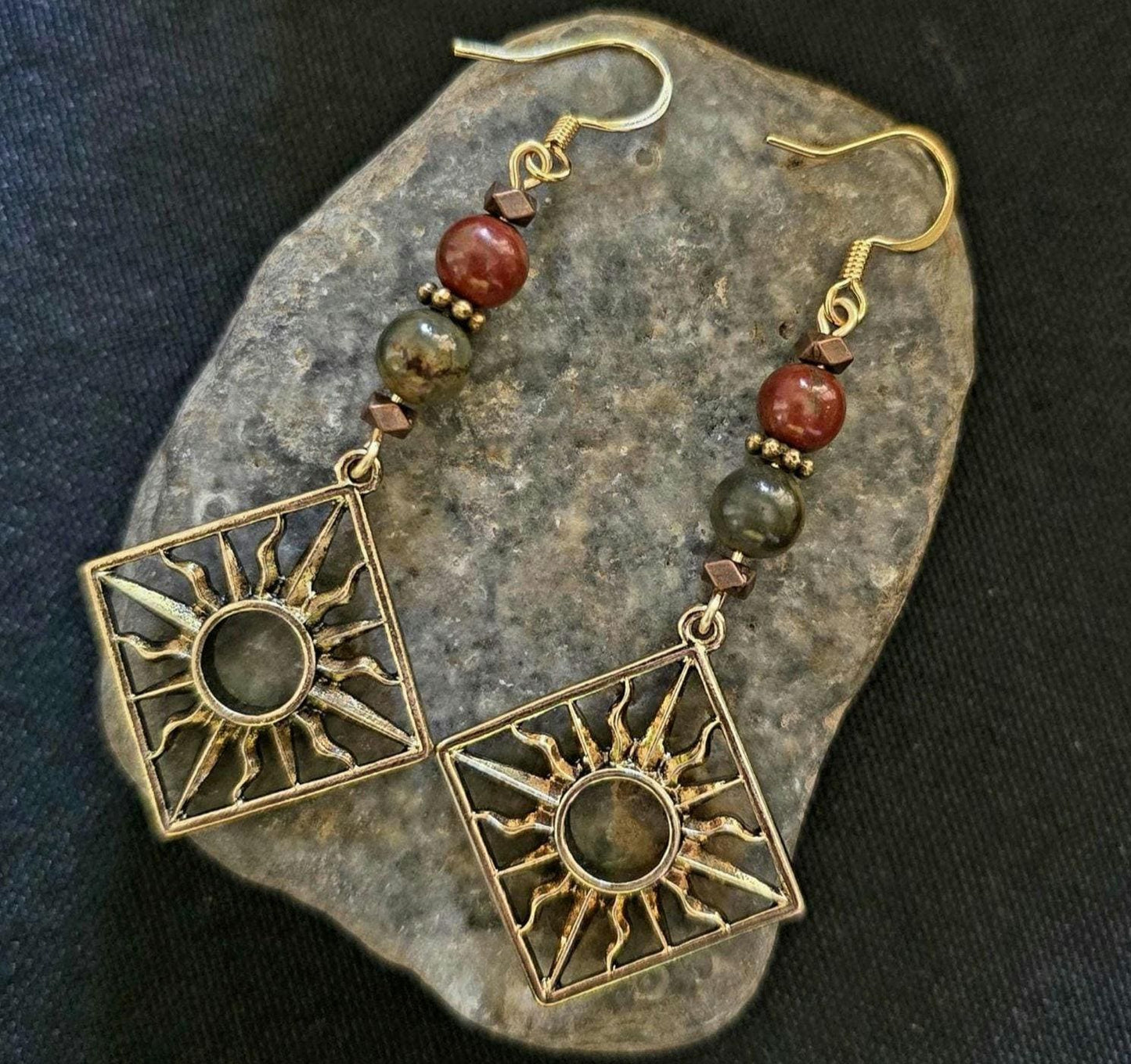 Sunburst Red Creek Jasper Beads Dangle Earrings, Rustic Boho Bohemian Handmade Earrings, Celestial Bronze Jewelry