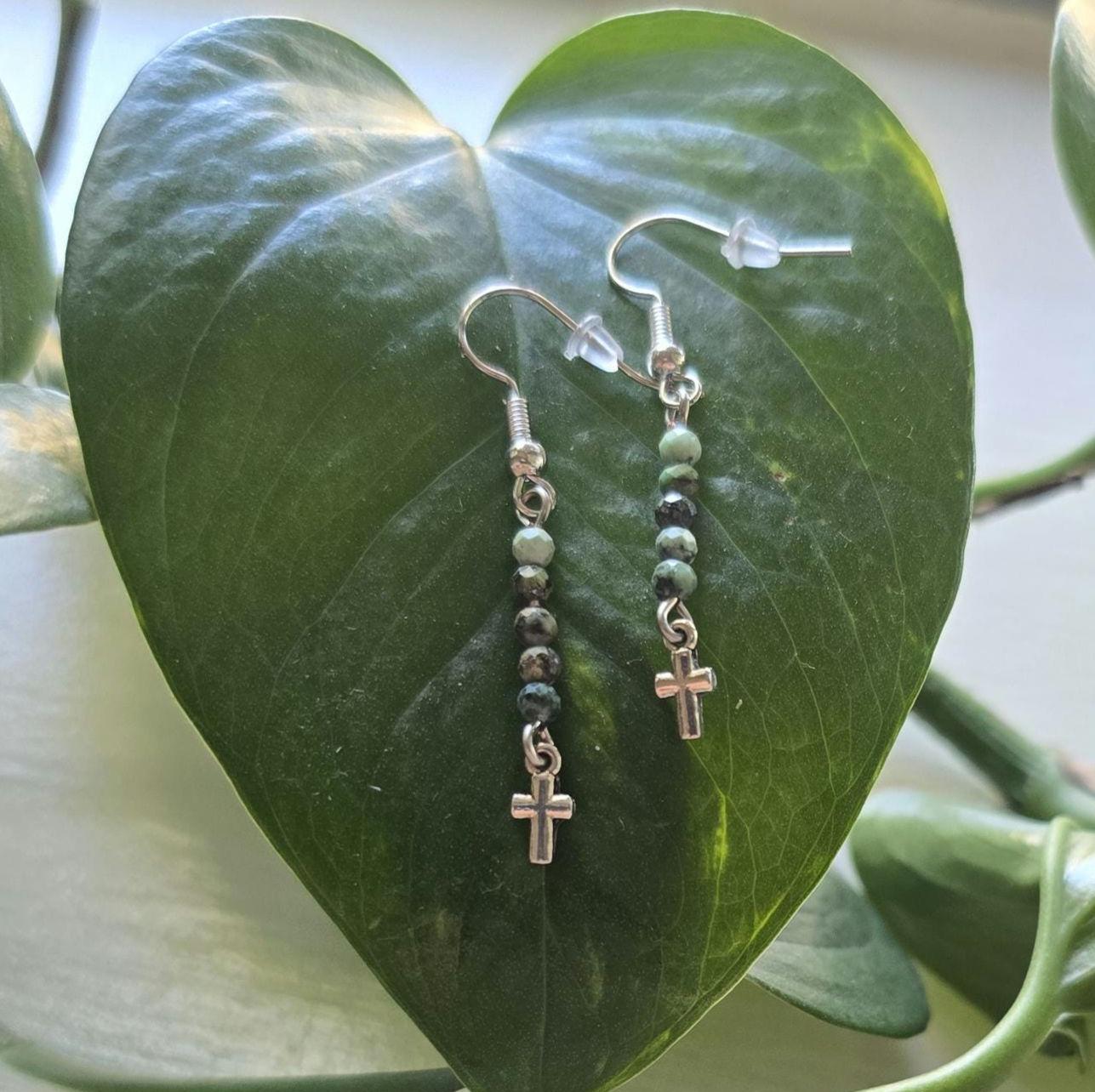 Bluegreen African Jasper Dainty Cross Dangle Earrings