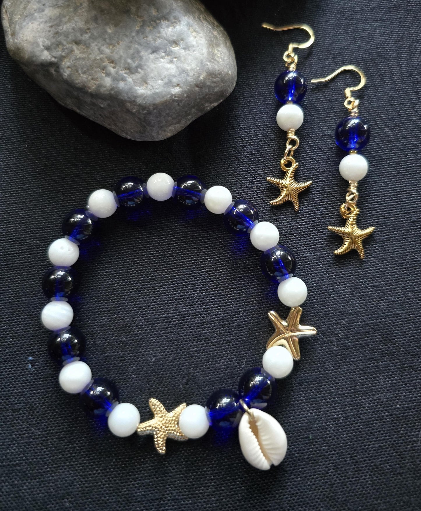 Nautical Blue White Beaded Bracelet Starfish Earrings Set, Cowrie Shell Charm Coastal Jewelry