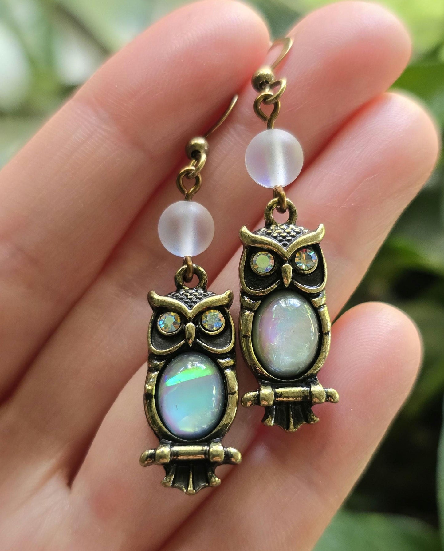 Antique Brass Owl Earrings, Opalite Moonstone Dangle, Celestial Boho Jewelry