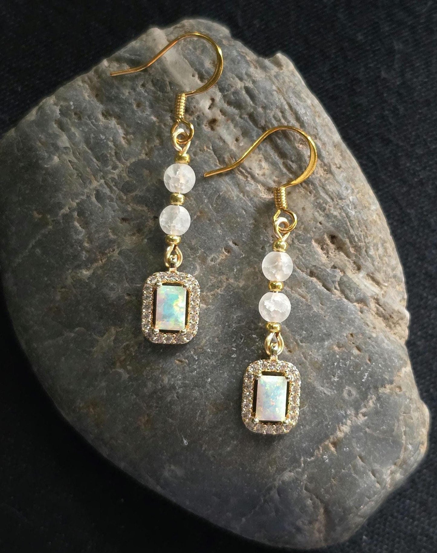 Gold and Glass Crackle Beaded Synthetic Opal Pendant Handmade Dangle Earrings