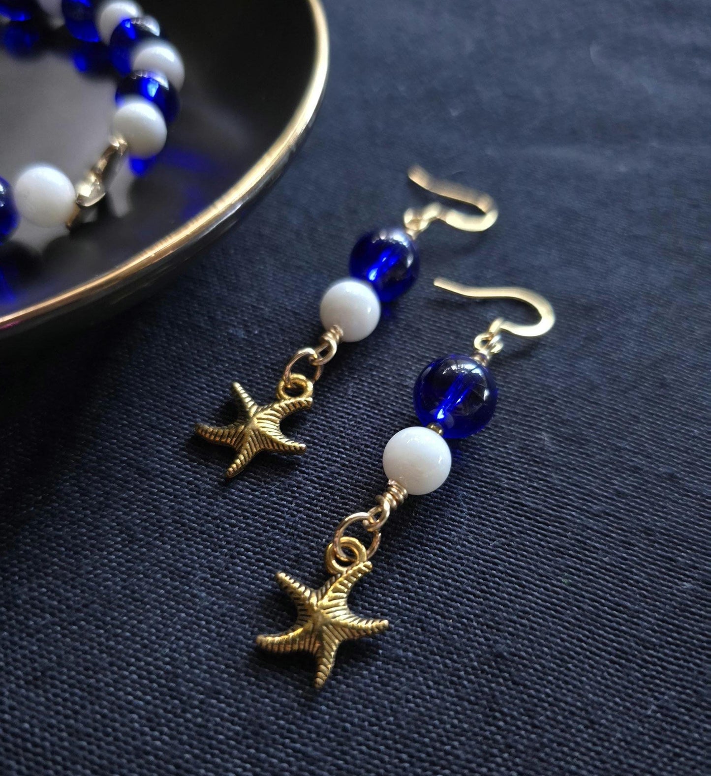 Nautical Blue White Beaded Bracelet Starfish Earrings Set, Cowrie Shell Charm Coastal Jewelry