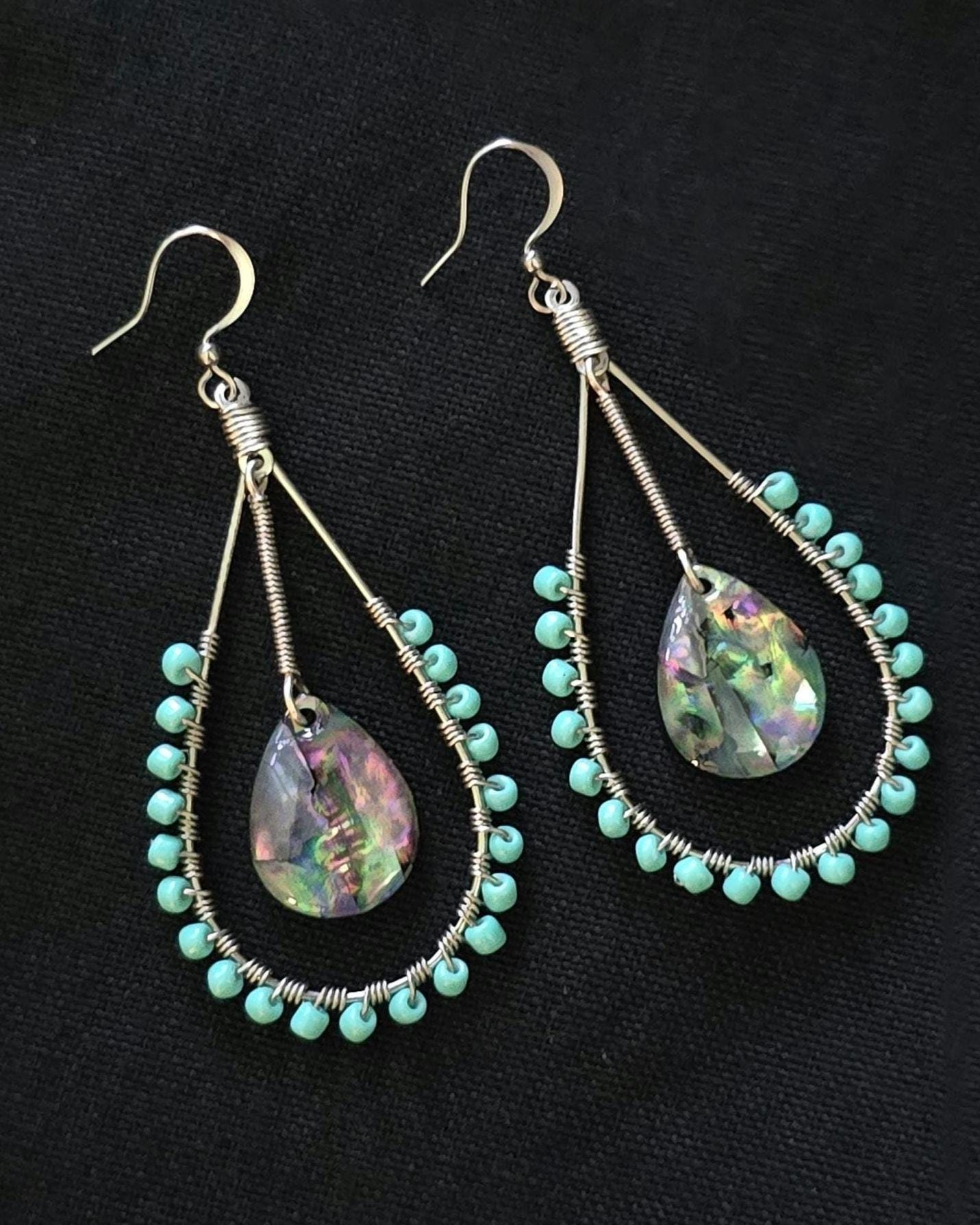 Abalone Shell Teardrop Earrings, Wire Wrapped Turquoise Beaded Earrings, Coastal Boho Dangle Jewelry