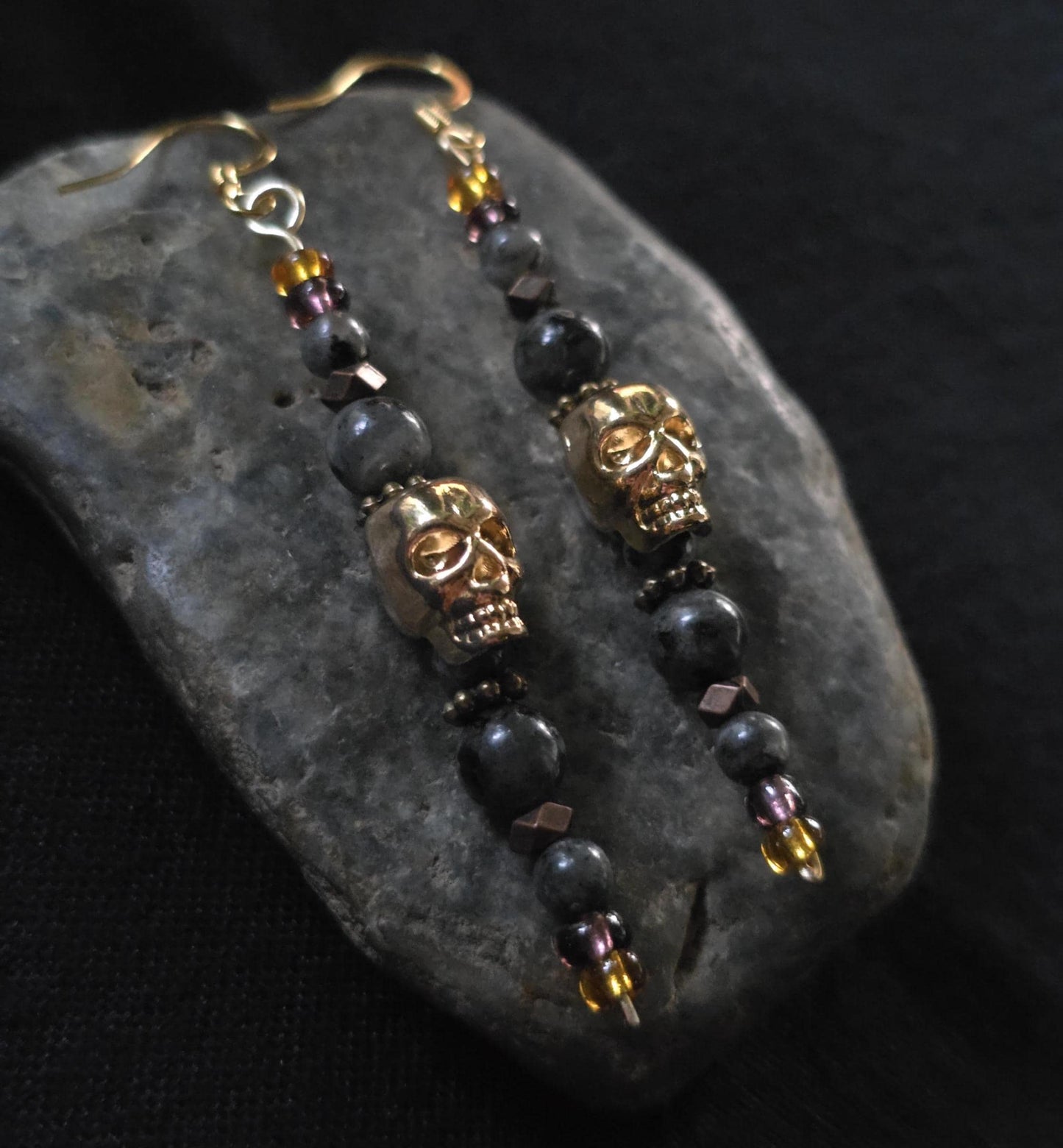 Gold Skull Dangle Earrings, Labradorite Gemstone Earrings, Gothic Halloween Jewelry, Boho Skull Earrings, Handmade Fall Gift