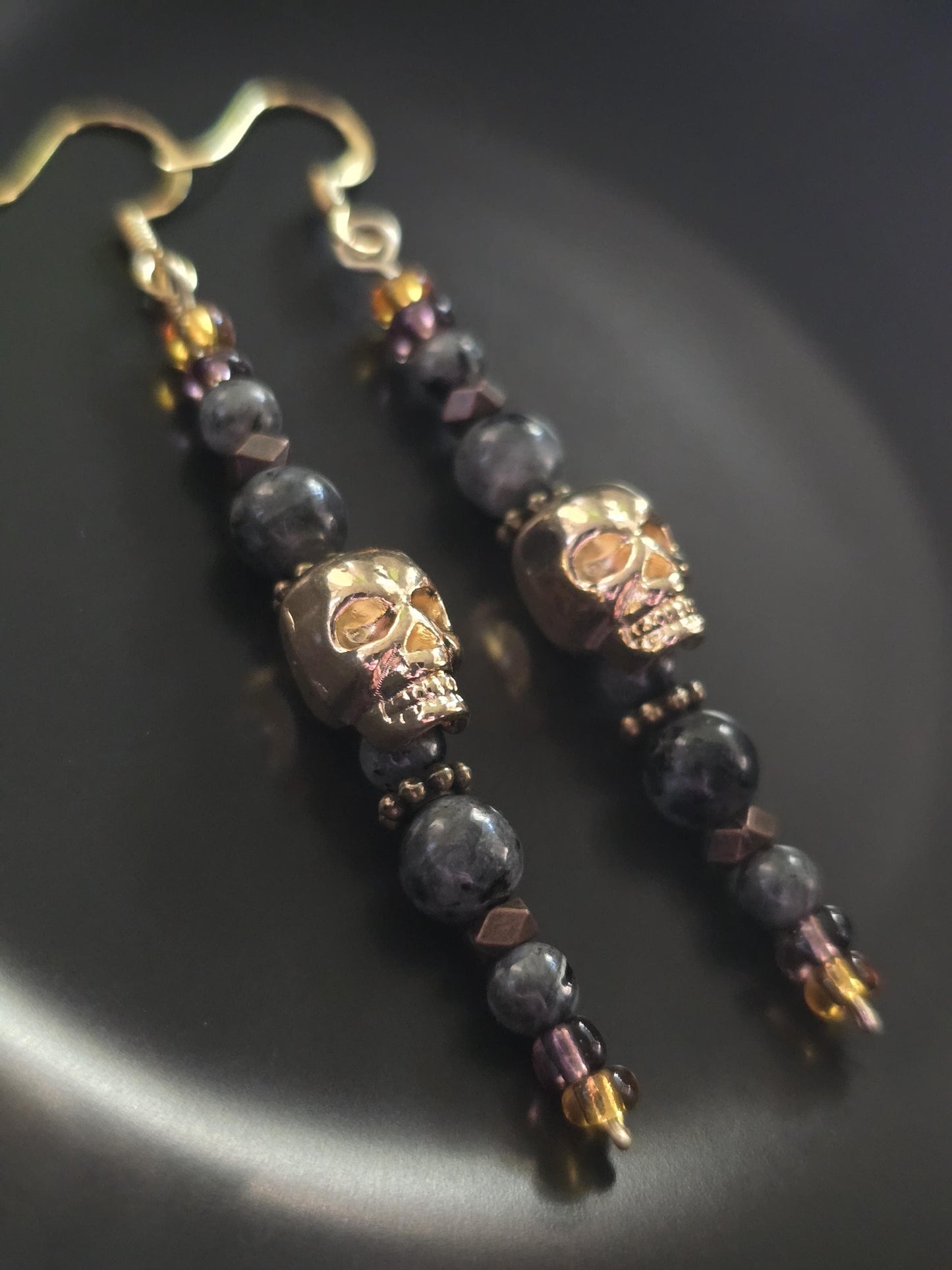 Gold Skull Dangle Earrings, Labradorite Gemstone Earrings, Gothic Halloween Jewelry, Boho Skull Earrings, Handmade Fall Gift