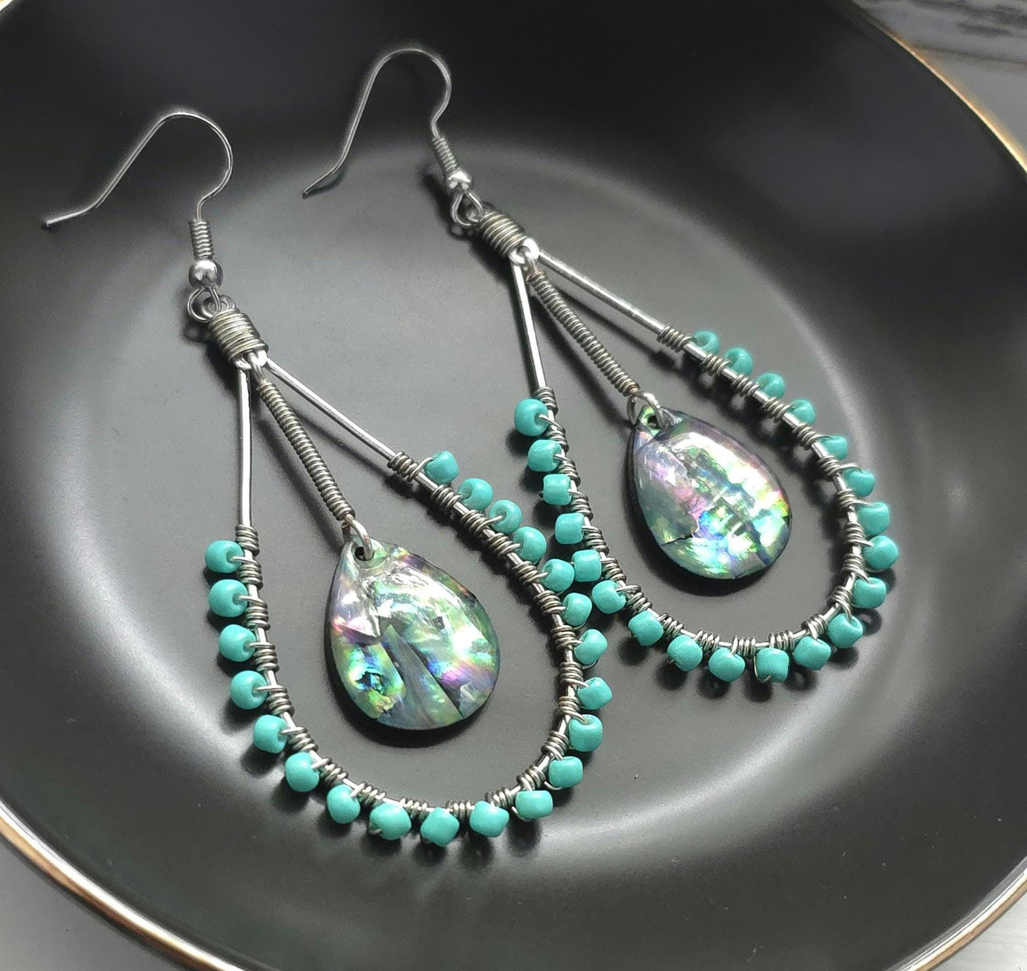 Abalone Shell Teardrop Earrings, Wire Wrapped Turquoise Beaded Earrings, Coastal Boho Dangle Jewelry