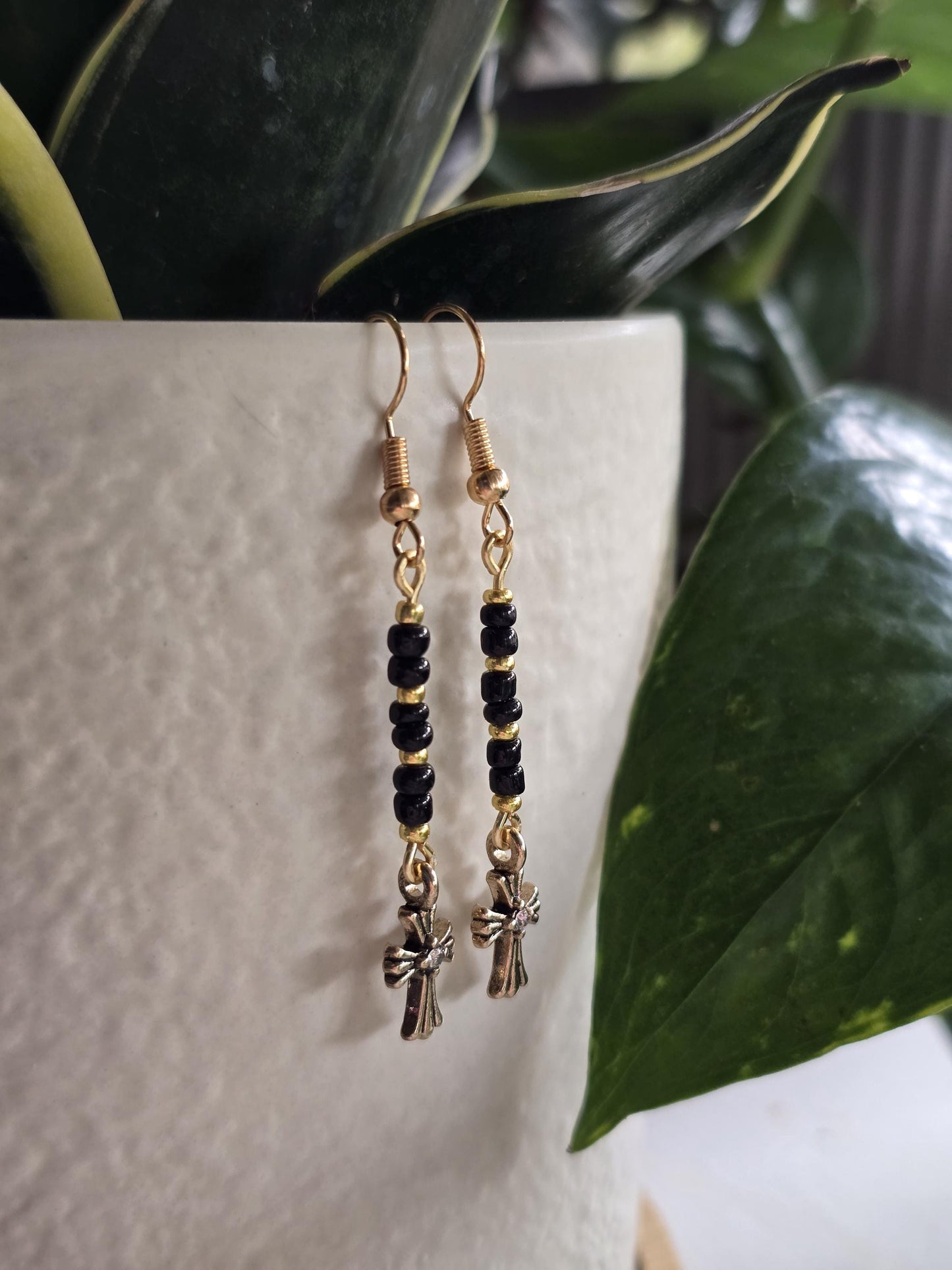 Cross Dangle Earrings with Black and Metallic Gold Coated Glass Seed Beads